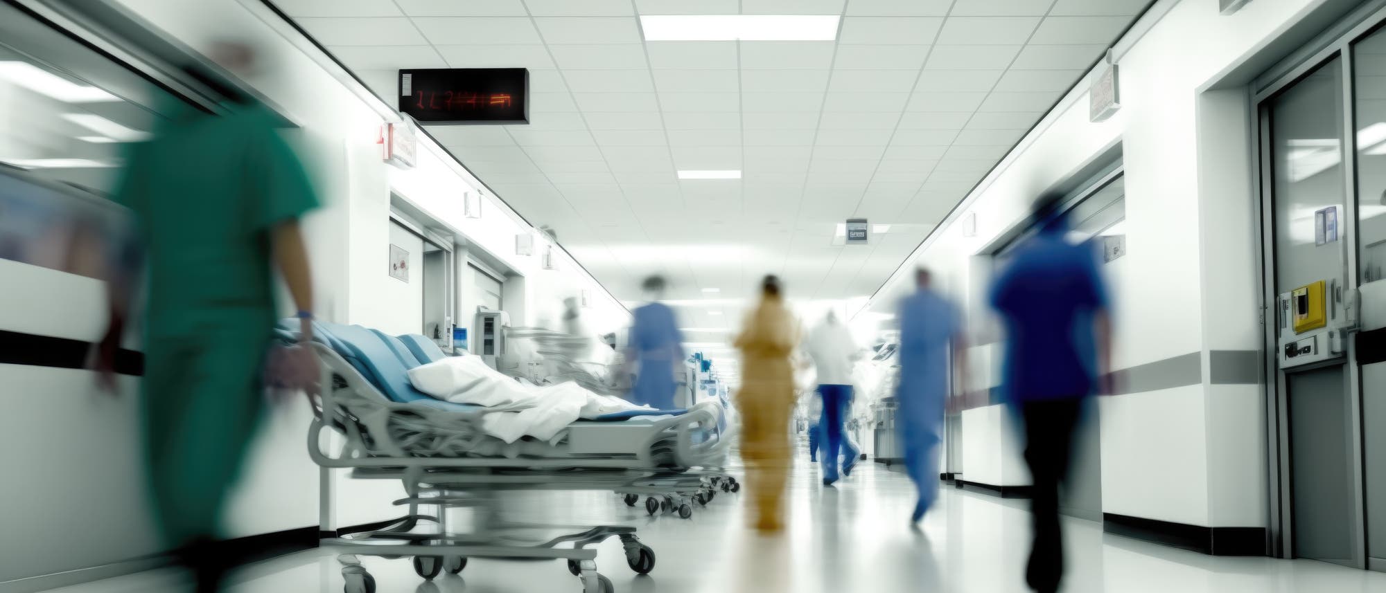 Ein Krankenhausflur mit mehreren Personen in medizinischer Kleidung, die sich bewegen. Im Vordergrund steht ein leeres Krankenhausbett. Die Umgebung ist hell beleuchtet, und an der Decke hängt eine digitale Uhr. Die Szene vermittelt eine geschäftige, aber geordnete Atmosphäre.
