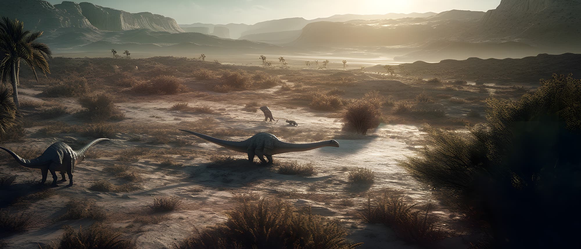 Eine prähistorische Landschaft bei Sonnenuntergang mit mehreren Dinosauriern, darunter zwei große Pflanzenfresser im Vordergrund und zwei kleinere Dinosaurier in der Mitte. Die Umgebung ist eine weite, trockene Ebene mit spärlicher Vegetation und fernen Bergen im Hintergrund. Die Szene vermittelt eine ruhige, urzeitliche Atmosphäre. Eine prähistorische Landschaft bei Sonnenuntergang mit mehreren Dinosauriern, darunter zwei große Pflanzenfresser im Vordergrund und zwei kleinere Dinosaurier in der Mitte. Die Umgebung ist eine weite, trockene Ebene mit spärlicher Vegetation und fernen Bergen im Hintergrund. Die Szene vermittelt eine ruhige, urzeitliche Atmosphäre.