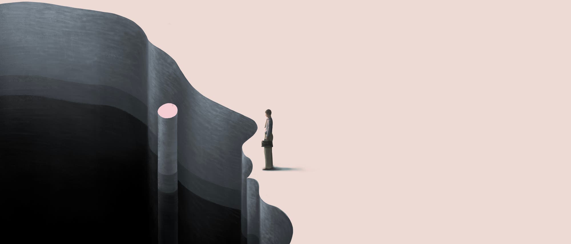 Die künstlerische Illustration zeigt eine Person, die am Rand einer großen, dunklen Klippe steht, deren Umrisse einen menschlichen Kopf zeichnen. Die künstlerische Illustration zeigt eine Person, die am Rand einer großen, dunklen Klippe steht, deren Umrisse einen menschlichen Kopf zeichnen.