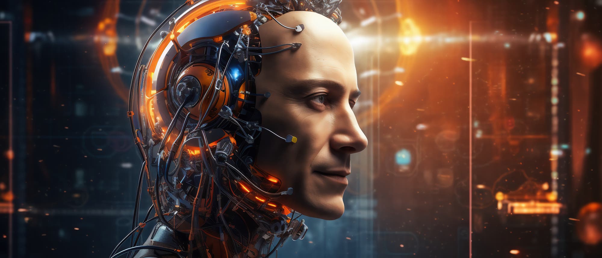 Cyborg mit menschlichem Gesicht und offener Rückseite, bei der man das technische Innere erkennen kann. Cyborg mit menschlichem Gesicht und offener Rückseite, bei der man das technische Innere erkennen kann.
