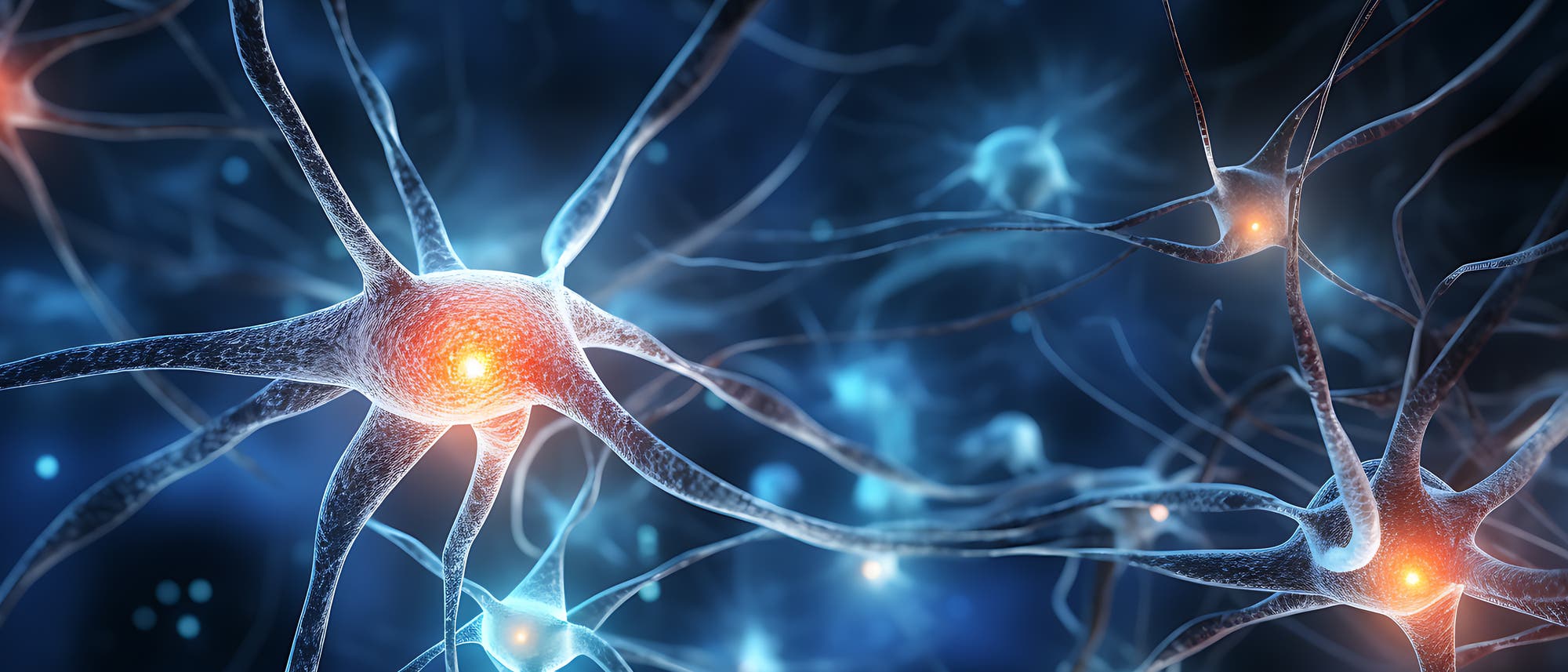 eine stilisierte Nervenzelle dunkelblau dargestellt mit leuchtendem gelbem Fleck im Innern