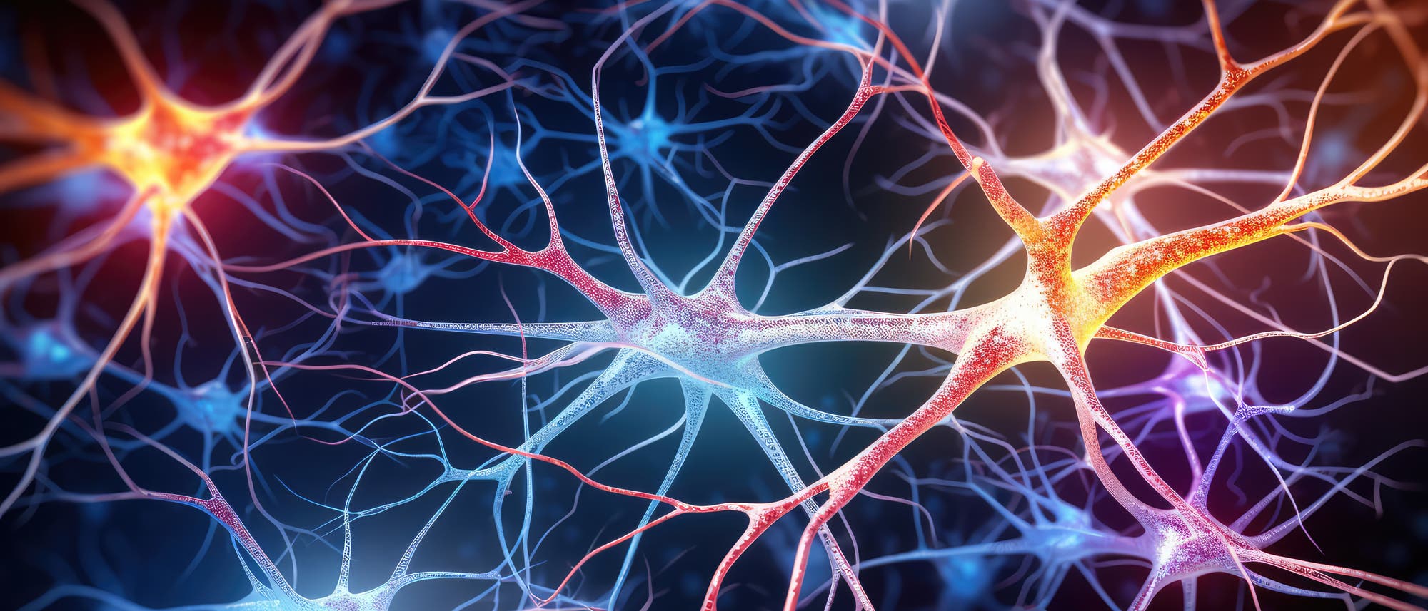 Die Illustration eines Netzwerks von Nervenzellen mit leuchtenden Zellk&ouml;rpern und verzweigten Dendriten. Die Neurone sind in verschiedenen leuchtenden Farben dargestellt, der Hintergrund ist dunkel. Das Bild veranschaulicht die Struktur und Funktion von Nervenzellen im Gehirn.