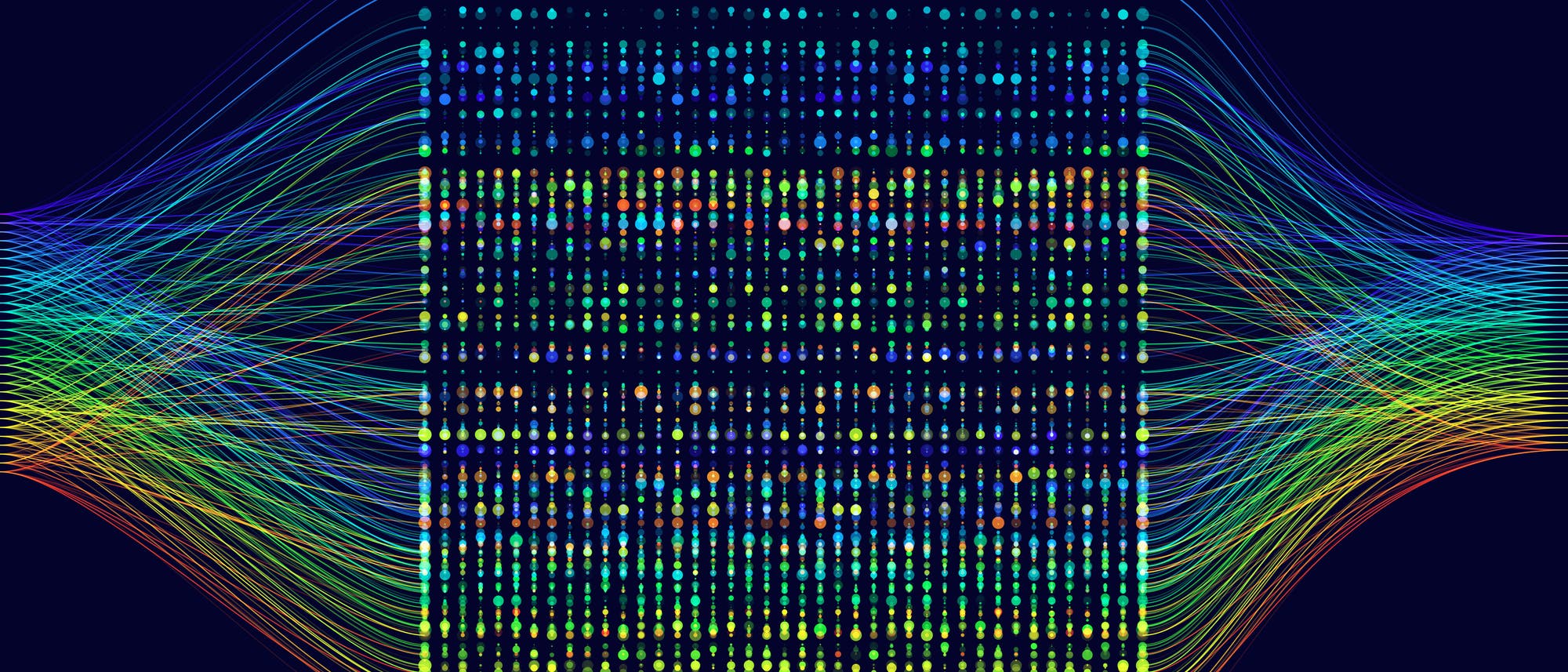 Ein farbenfrohes Flussdiagramm auf dunklem Hintergrund zeigt eine Vielzahl von Linien, die von links und rechts in ein zentrales Raster aus Punkten münden. Die Linien und Punkte sind in Regenbogenfarben gehalten, was auf eine komplexe Datenverarbeitung oder Netzwerkverbindung hinweist. Die Struktur betont die Verbindung und den Fluss von Informationen durch das System. Ein farbenfrohes Flussdiagramm auf dunklem Hintergrund zeigt eine Vielzahl von Linien, die von links und rechts in ein zentrales Raster aus Punkten münden. Die Linien und Punkte sind in Regenbogenfarben gehalten, was auf eine komplexe Datenverarbeitung oder Netzwerkverbindung hinweist. Die Struktur betont die Verbindung und den Fluss von Informationen durch das System.
