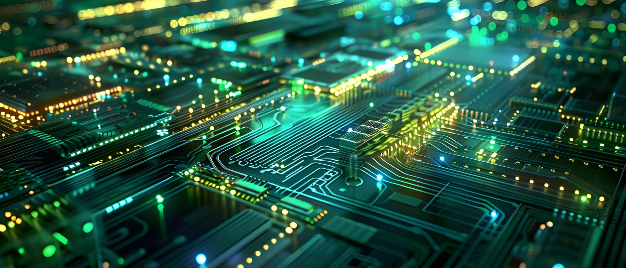 Eine Nahaufnahme einer beleuchteten Leiterplatte mit leuchtenden grünen und gelben Schaltkreisen und Komponenten. Die komplexen Muster und Verbindungen symbolisieren moderne Technologie und Elektronik.
