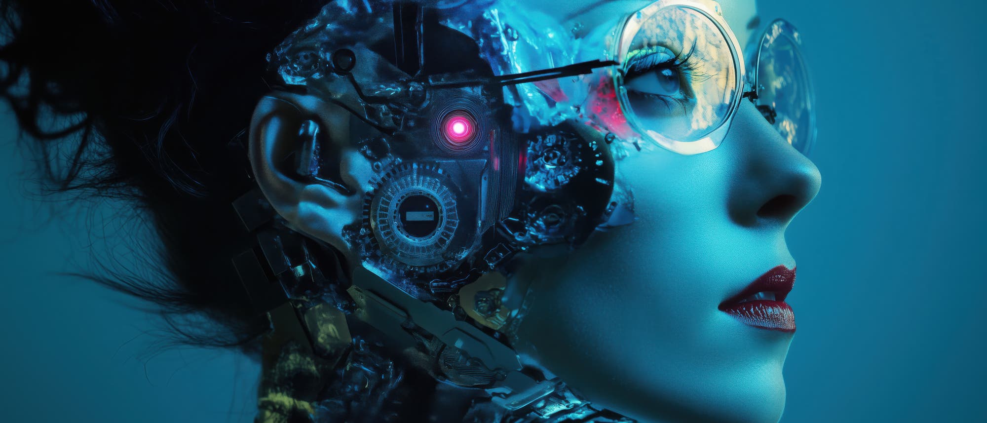 Eine futuristische, k&uuml;nstlerische Darstellung eines Cyborgs mit menschlichen und mechanischen Elementen. Die rechte Gesichtsh&auml;lfte zeigt eine Kombination aus menschlicher Haut und metallischen Komponenten, darunter Zahnr&auml;der und ein leuchtendes rotes Licht. Das Auge ist durch eine transparente Brille sichtbar, die ein Gehirnmuster reflektiert. Der Hintergrund ist in einem k&uuml;hlen Blauton gehalten, was der Szene eine futuristische und technologisch fortschrittliche Atmosph&auml;re verleiht.