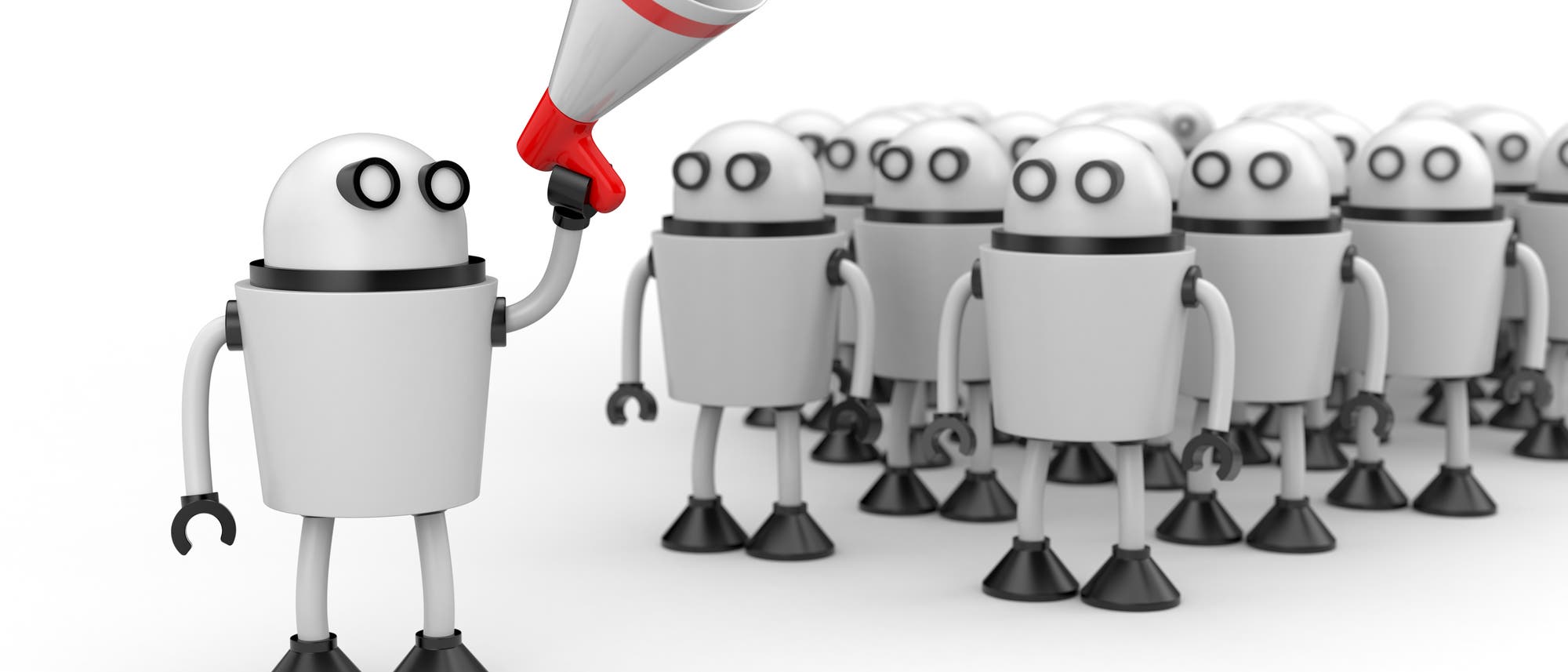Ein niedlicher Roboter mit Megafon steht vor einer Gruppe niedlicher Roboter mit Aktentaschen
