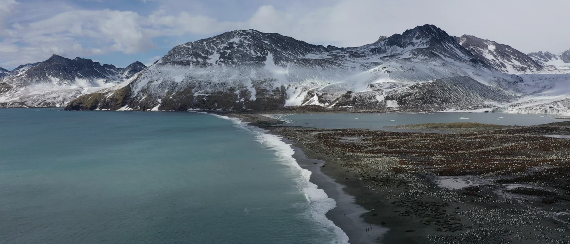 Eine K&uuml;stenlandschaft mit schneebedeckten Bergen im Hintergrund. Im Vordergrund erstreckt sich ein Strand entlang des t&uuml;rkisfarbenen Meeres. Die K&uuml;stenlinie verl&auml;uft diagonal durch das Bild, w&auml;hrend Wolken den Himmel bedecken. Die Szene vermittelt eine ruhige, nat&uuml;rliche Atmosph&auml;re.