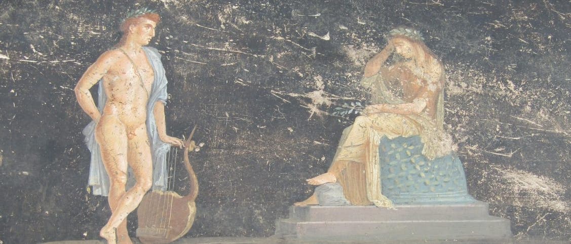Apoll und Kassandra in einer pompejanischen Wandmalerei.