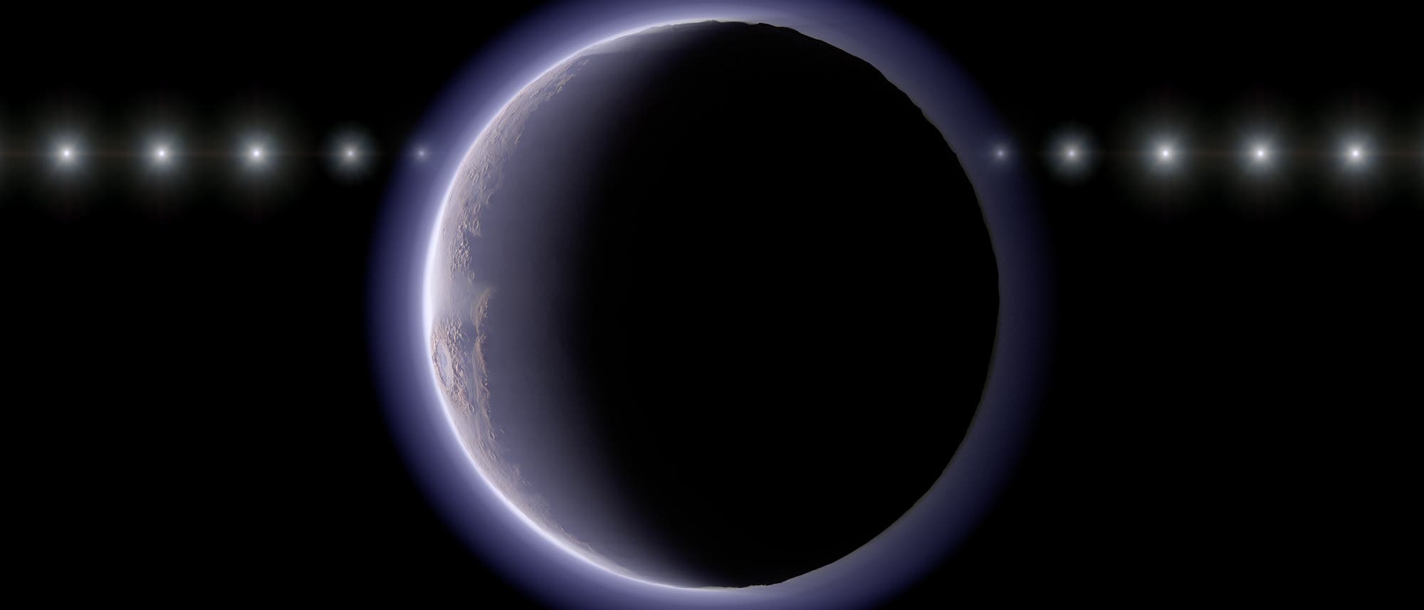 Eine wissenschaftliche Abbildung zeigt einen Planeten im Weltraum, teilweise im Schatten, mit einem leuchtenden Rand, der die Atmosphäre darstellt. Im Hintergrund sind mehrere helle Lichtpunkte in einer Linie angeordnet, die Sterne oder andere Himmelskörper darstellen könnten. Der Fokus liegt auf der Darstellung der planetarischen Atmosphäre und der kosmischen Umgebung. Eine wissenschaftliche Abbildung zeigt einen Planeten im Weltraum, teilweise im Schatten, mit einem leuchtenden Rand, der die Atmosphäre darstellt. Im Hintergrund sind mehrere helle Lichtpunkte in einer Linie angeordnet, die Sterne oder andere Himmelskörper darstellen könnten. Der Fokus liegt auf der Darstellung der planetarischen Atmosphäre und der kosmischen Umgebung.