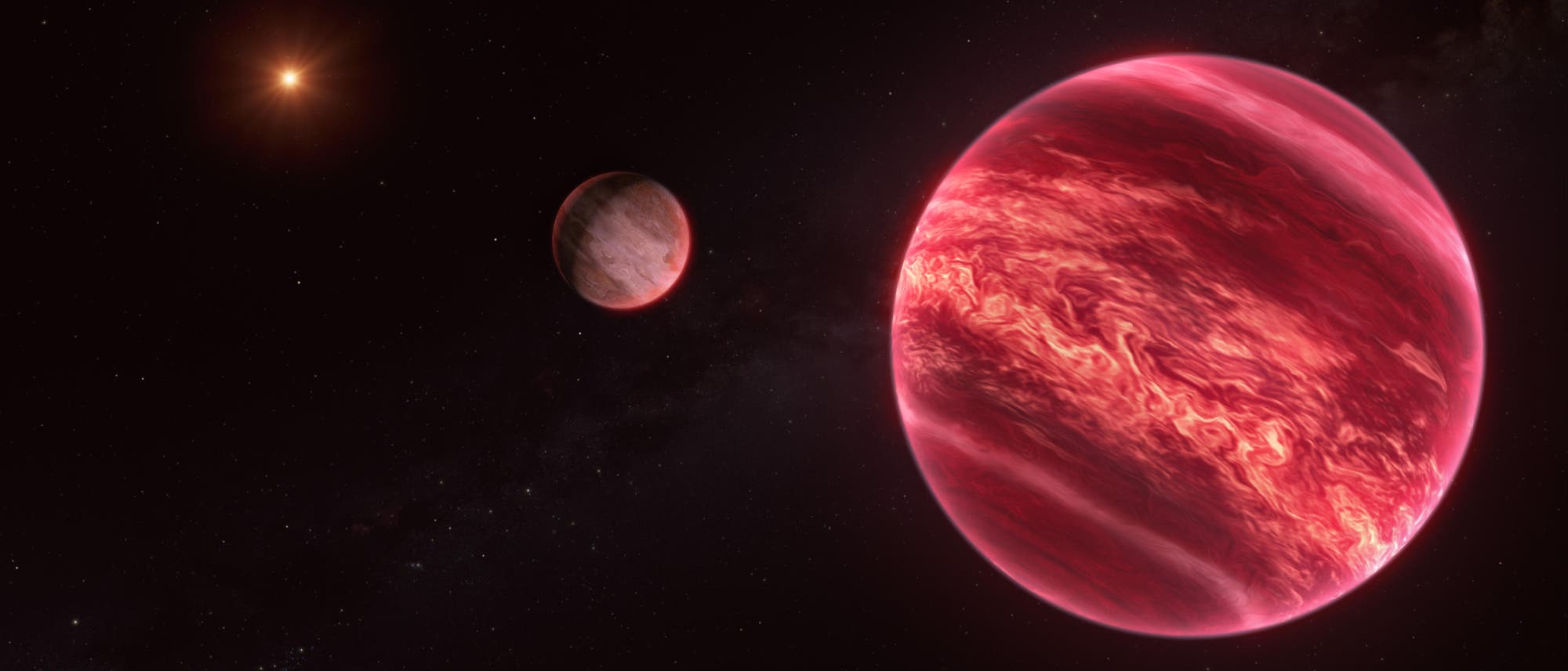 Illustration eines astronomischen Szenarios mit zwei Planeten und einem Stern im Hintergrund. Der vordere Planet ist gro&szlig; und zeigt eine rot gef&auml;rbte, wolkige Atmosph&auml;re. Der kleinere Planet befindet sich weiter entfernt und hat eine graue Oberfl&auml;che. Der Stern leuchtet orange und ist von einem Sternenfeld umgeben. Das Bild vermittelt den Eindruck eines fernen Sonnensystems.