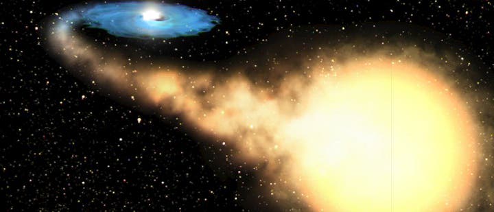 Obwohl Schwarze Löcher (links, umgeben von einer Scheibe aus heißem Gas; Illustration) oft Materie von Sternen verzehren, kann ihre Schwerkraft auch Sterne nach außen schleudern. 
