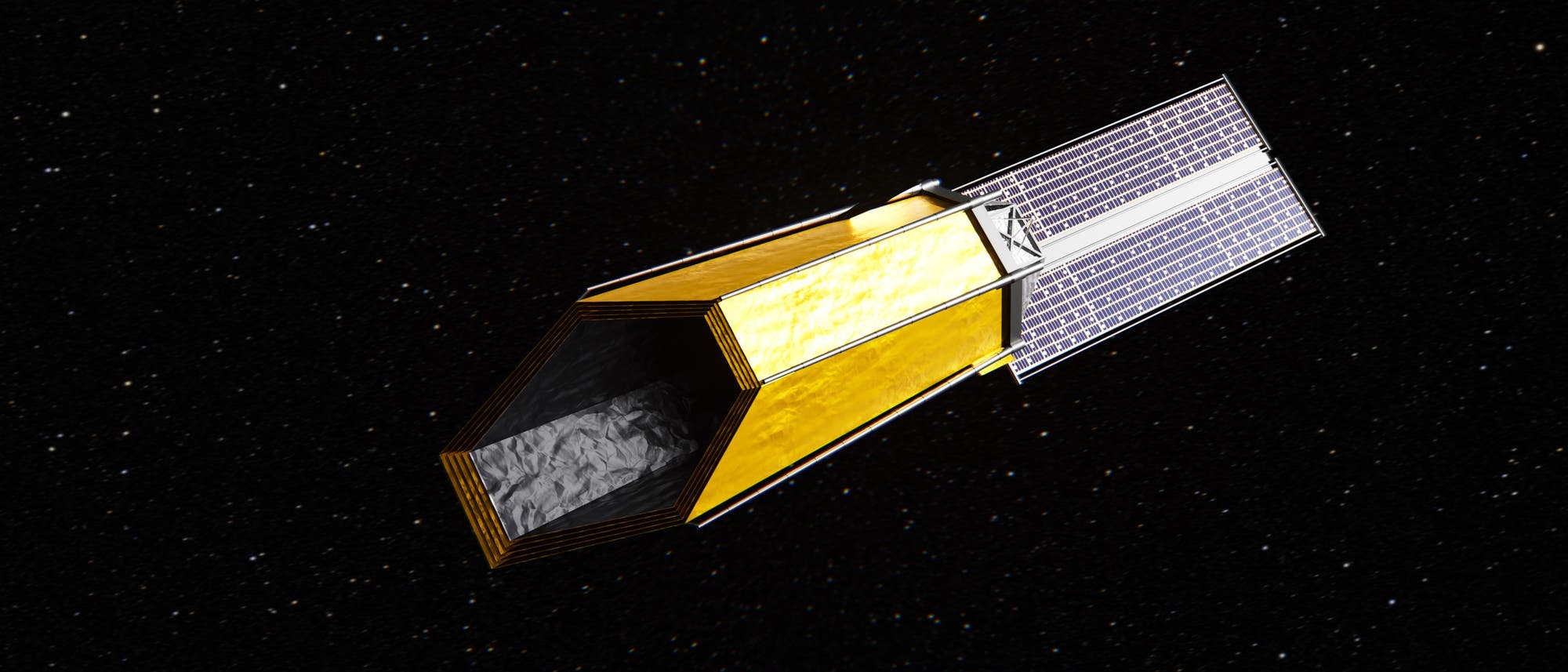 Ein goldener Satellit mit rechteckigem Körper und großen Solarpaneelen schwebt im Weltraum vor einem Hintergrund aus zahlreichen Sternen. Der Satellit ist in einem Winkel positioniert, der seine Struktur und die reflektierende Oberfläche der Paneele zeigt. Ein goldener Satellit mit rechteckigem Körper und großen Solarpaneelen schwebt im Weltraum vor einem Hintergrund aus zahlreichen Sternen. Der Satellit ist in einem Winkel positioniert, der seine Struktur und die reflektierende Oberfläche der Paneele zeigt.