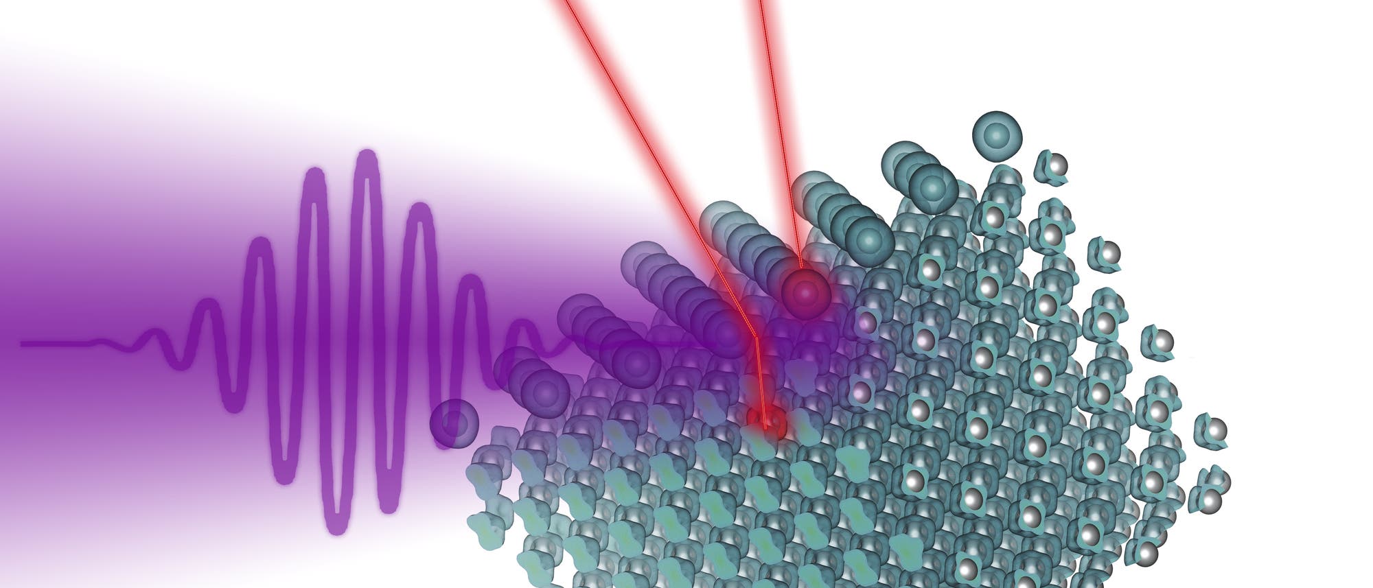 Ein Laserpuls trifft eine Wolfram-Oberfäche, auf der Iodatome aufgebracht sind
