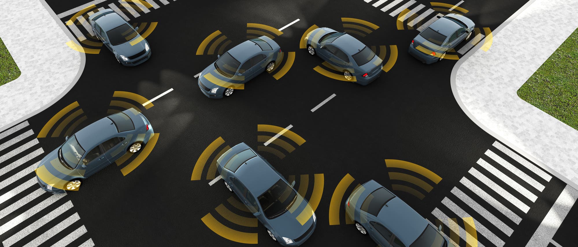 Autonome Autos der Zukunft kommen heil über die Kreuzung, weil sie mit ihren Sensoren über den perfekten Rundumblick verfügen.