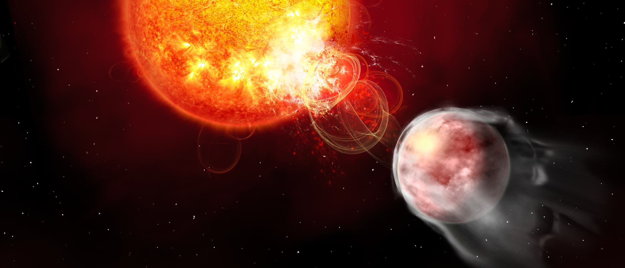 Eine künstlerische Darstellung eines roten Riesensterns im Weltraum, der eine intensive Strahlung und Energie ausstrahlt. Ein nahegelegener Planet wird von der Hitze und Strahlung beeinflusst, was durch eine sichtbare Materialbewegung auf seiner Oberfläche dargestellt wird. Im Hintergrund ist ein weiterer kleinerer Planet zu sehen. Der Stern und die Planeten sind von einem dunklen, sternenübersäten Weltraum umgeben.