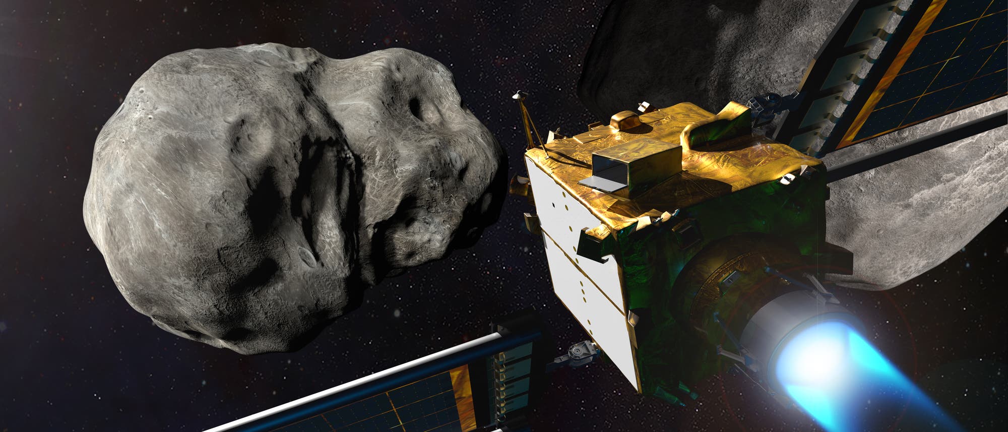 Die künsterlische Illustration zeigt die DART-Sonde kurz vor ihrem Aufschlag auf den Asteroiden Dimorophos.
