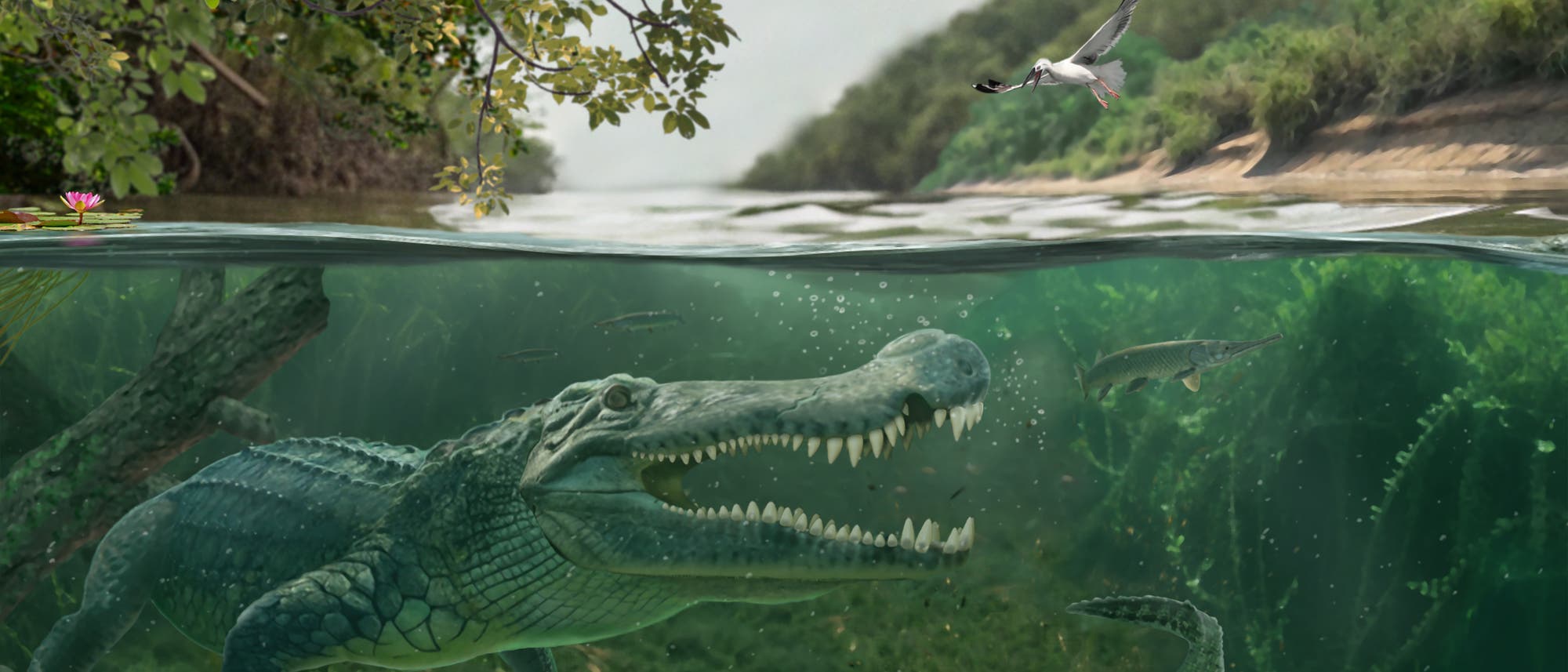 Eine prähistorische Szene zeigt einen großen, urzeitlichen Krokodil-ähnlichen Dinosaurier unter Wasser, umgeben von Fischen und Pflanzen. Über der Wasseroberfläche fliegen ein Pterosaurier und mehrere Vögel. Am Ufer sind dichte Bäume und Vegetation zu sehen. Die Atmosphäre ist ruhig und zeigt eine lebendige, urzeitliche Landschaft.