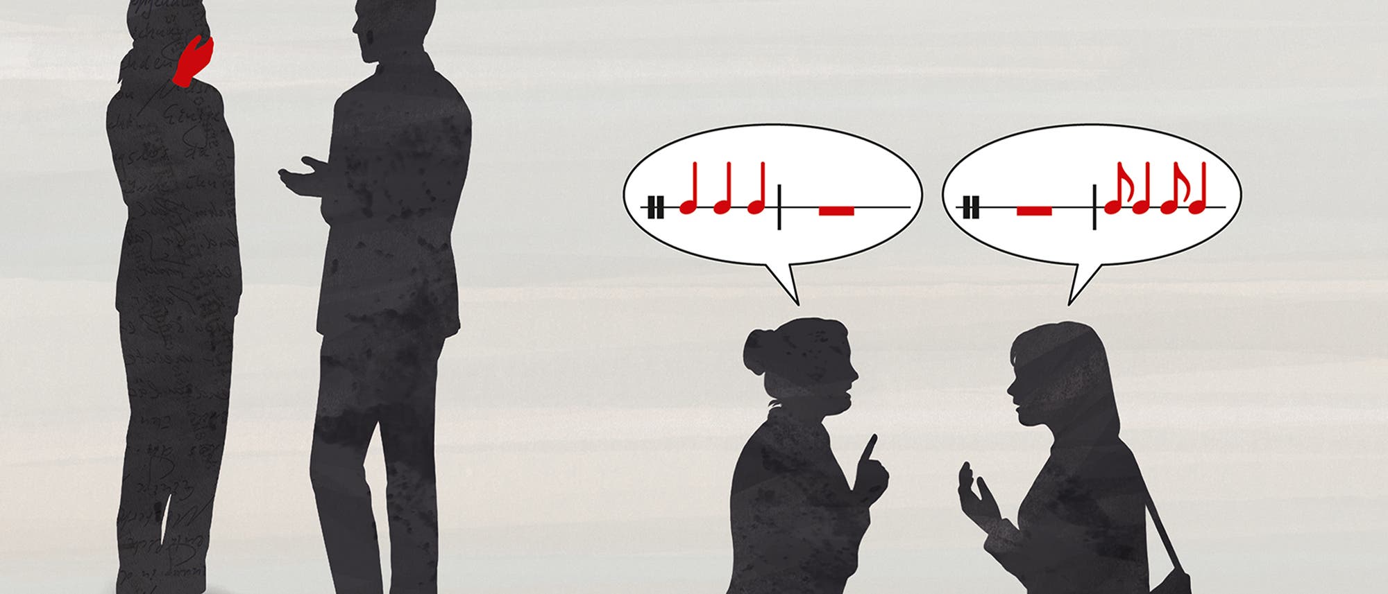 Zwei Paare von Personen stehen sich gegenüber. Das linke Paar zeigt eine Person mit rotem Ohr, die andere spricht gestikulierend. Das rechte Paar hat Sprechblasen mit Musiknoten. Die Szene deutet auf unterschiedliche Kommunikationsweisen hin. Der Hintergrund ist neutral gehalten.