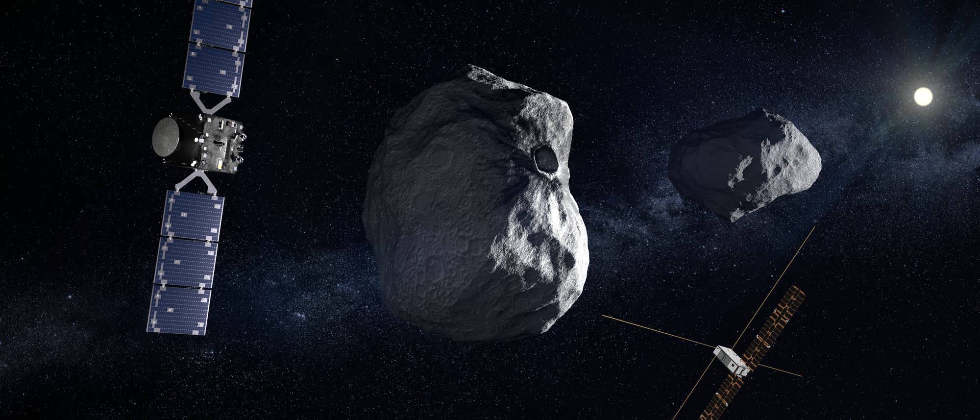 Darstellung einer Weltraumszene mit zwei Raumsonden und zwei Asteroiden im Vordergrund. Die Sonden sind mit Solarpaneelen ausgestattet und umkreisen die unregelm&auml;&szlig;ig geformten Asteroiden. Im Hintergrund ist ein Sternenhimmel mit zahlreichen Sternen und einer hellen Lichtquelle zu sehen. Die Szene vermittelt den Eindruck einer wissenschaftlichen Mission zur Erforschung von Asteroiden im Weltraum. Schl&uuml;sselw&ouml;rter: Raumsonde, Asteroiden, Weltraum, Solarpaneele, Sternenhimmel.