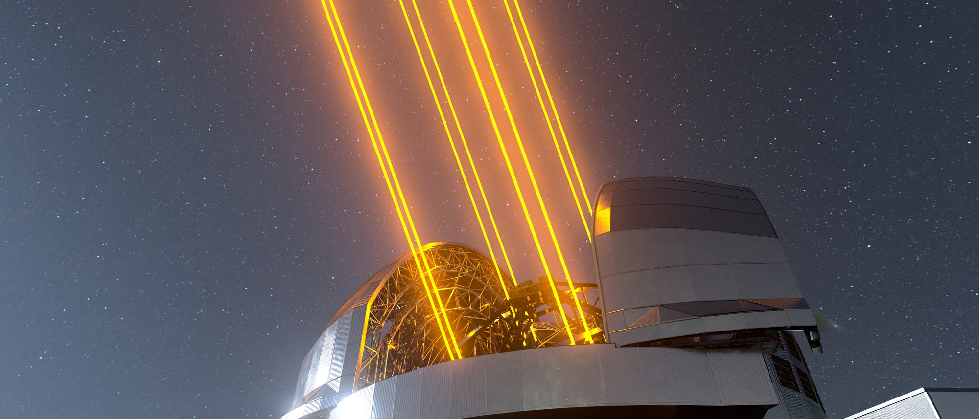 Künstlerische Darstellung des Extremely Large Telescope mit acht Laserstrahlen zur Projektion künstlicher Sterne