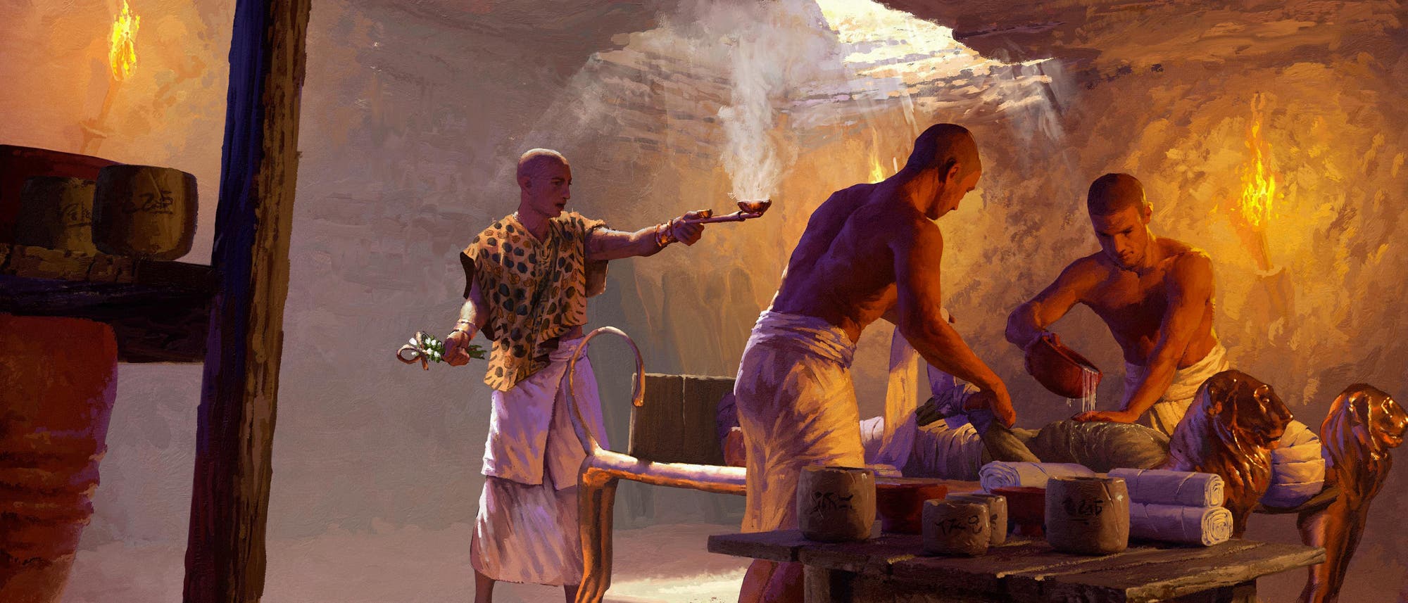 Zwei Balsamierer mumifizieren einen Toten, ein Priester begleitet den Prozess mit Ritualen (Illustration).