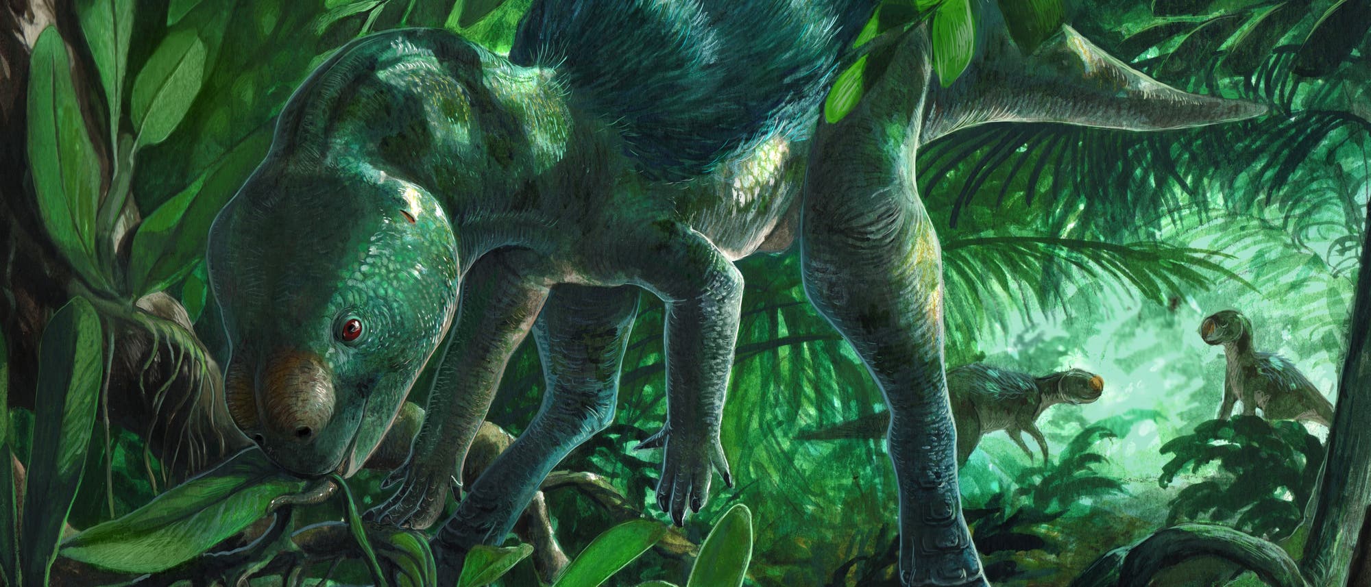 Eine k&uuml;nstlerische Darstellung eines Dinosauriers in einem dichten, gr&uuml;nen Dschungel. Der Dinosaurier hat eine blau-gr&uuml;ne F&auml;rbung mit Streifen und frisst Bl&auml;tter von einem Ast. Im Hintergrund sind zwei weitere Dinosaurier zu sehen, die durch das &uuml;ppige Blattwerk streifen. Die Szene ist von lebendigen Gr&uuml;nt&ouml;nen dominiert, die die &uuml;ppige Vegetation und die pr&auml;historische Umgebung betonen.