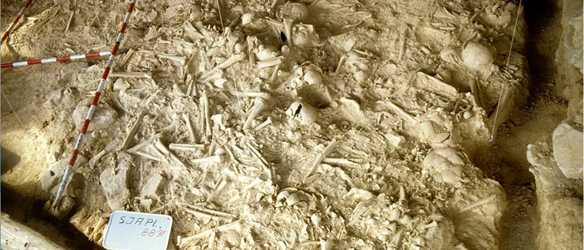 Zahlreiche menschliche Überreste liegen in einem steinzeitlichen Massengrab. Details sind kaum zu erkennen