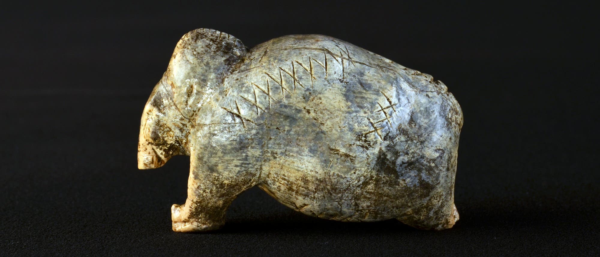 Eine kleine, steinzeitliche Tierfigur aus Elfenbein, die ein Mammut darstellt, liegt auf einem dunklen Hintergrund. Die Oberfl&auml;che der Figur ist mit mehreren eingravierten Linien verziert, die m&ouml;glicherweise dekorative oder symbolische Bedeutung haben. Die Figur zeigt detaillierte Merkmale des Tieres, wie Kopf, K&ouml;rper und Beine.