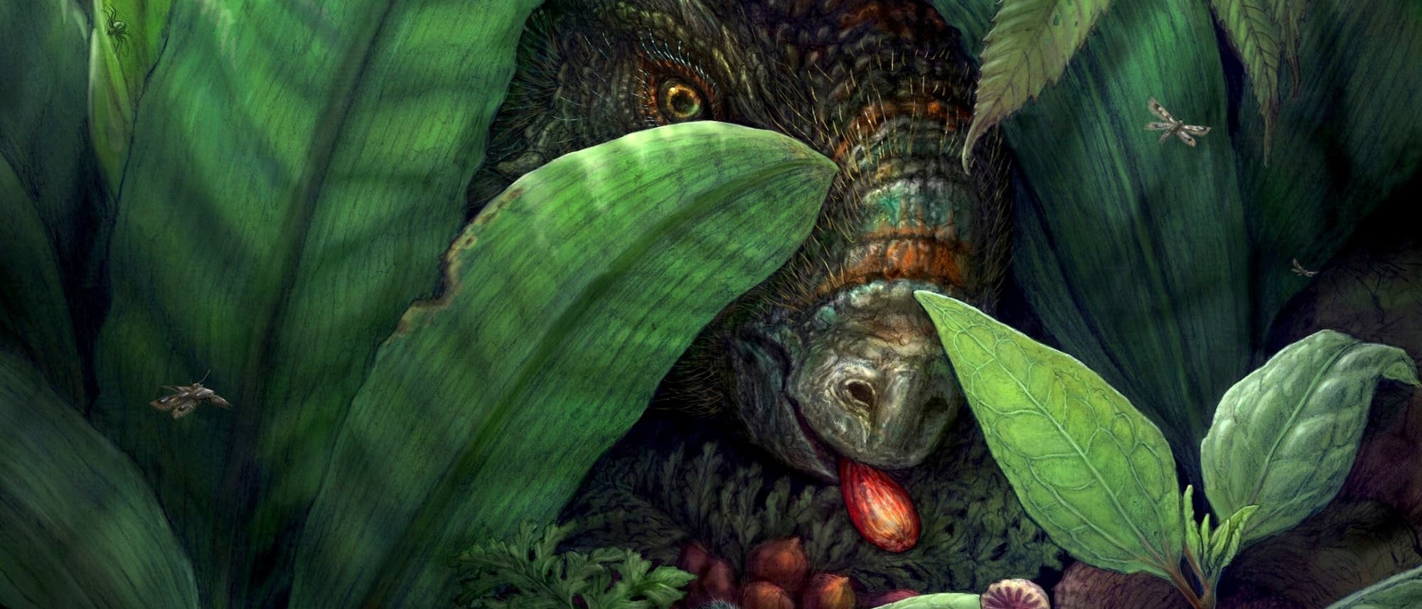 Eine k&uuml;nstlerische Darstellung eines Dinosauriers, der sich hinter &uuml;ppigem, gr&uuml;nem Laub versteckt. Der Dinosaurier hat ein auff&auml;lliges Auge und eine strukturierte Haut, die in verschiedenen Braunt&ouml;nen schimmert. Umgeben von gro&szlig;en Bl&auml;ttern und kleinen Insekten, ragt seine Zunge heraus, als ob er etwas im Laub entdeckt hat. Die Szene vermittelt ein Gef&uuml;hl von Urzeit und Naturverbundenheit.