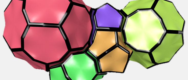 Polyedrische Elemente der MOF-Struktur. Jeder dreiarmige Eckpunkt der gezeigten Polyeder entspricht einem organischen Linker. Im Mittelpunkt jeder Kante sitzt eine Urandioxid-Einheit