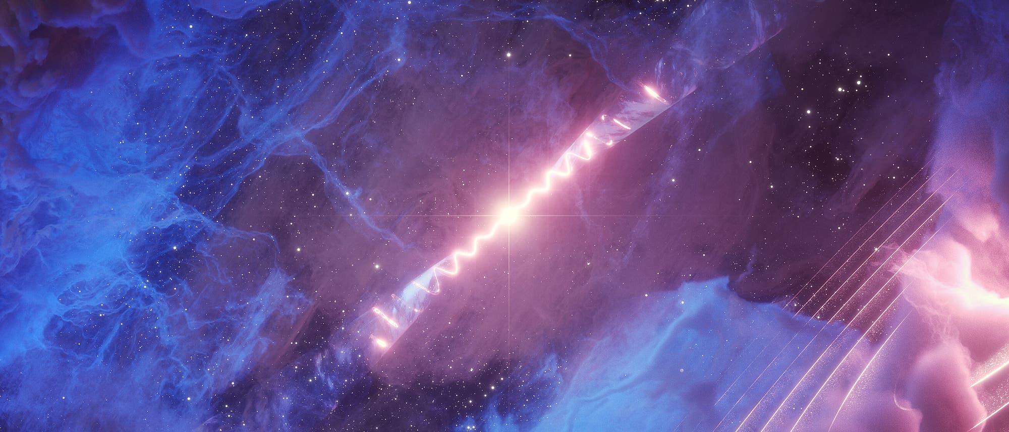 Das Sternsystem SS 433: Ein Schwarzes Loch feuert zwei Jets ins All (Hintergrund), deren Atomkerne eine Gaswolke zum Leuchten anregen (Vordergrund)