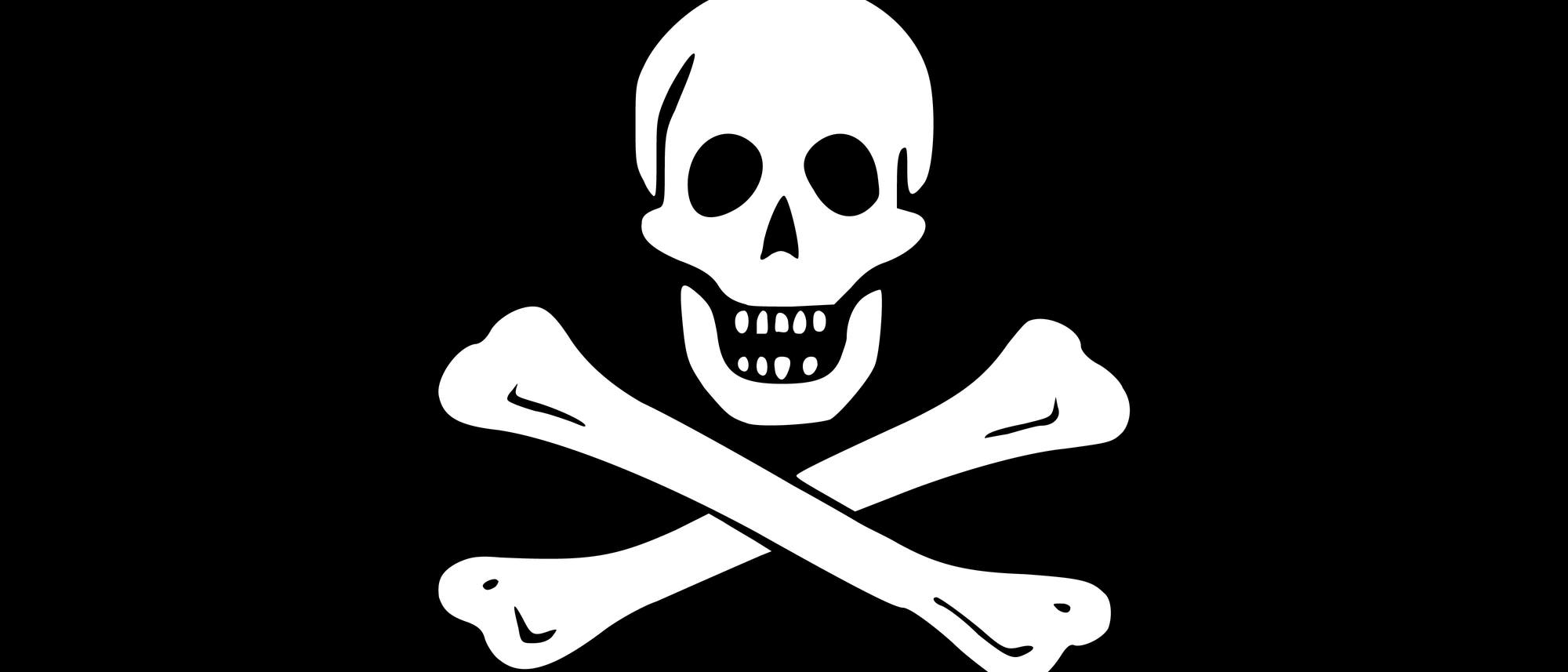 Totenkopfflagge: weißer Schädel mit darunter gekreuzten Beinknochen auf schwarzem Grund