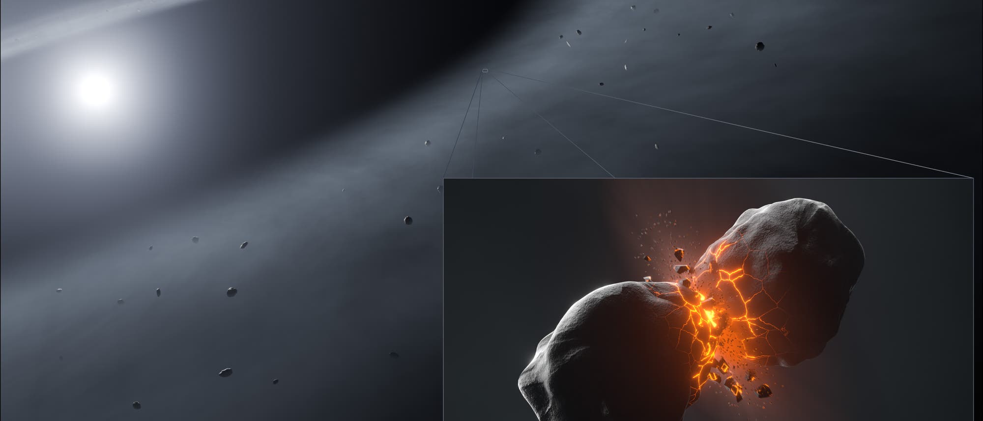 Darstellung einer astronomischen Szene mit einem hellen Stern im Hintergrund, umgeben von einem Staubring und zahlreichen Asteroiden. Im Vordergrund ist eine Nahaufnahme zweier kollidierender Asteroiden zu sehen, die beim Aufprall glühende Fragmente freisetzen. Die Abbildung veranschaulicht die Dynamik und Kollisionen in einem Asteroidengürtel. Darstellung einer astronomischen Szene mit einem hellen Stern im Hintergrund, umgeben von einem Staubring und zahlreichen Asteroiden. Im Vordergrund ist eine Nahaufnahme zweier kollidierender Asteroiden zu sehen, die beim Aufprall glühende Fragmente freisetzen. Die Abbildung veranschaulicht die Dynamik und Kollisionen in einem Asteroidengürtel.