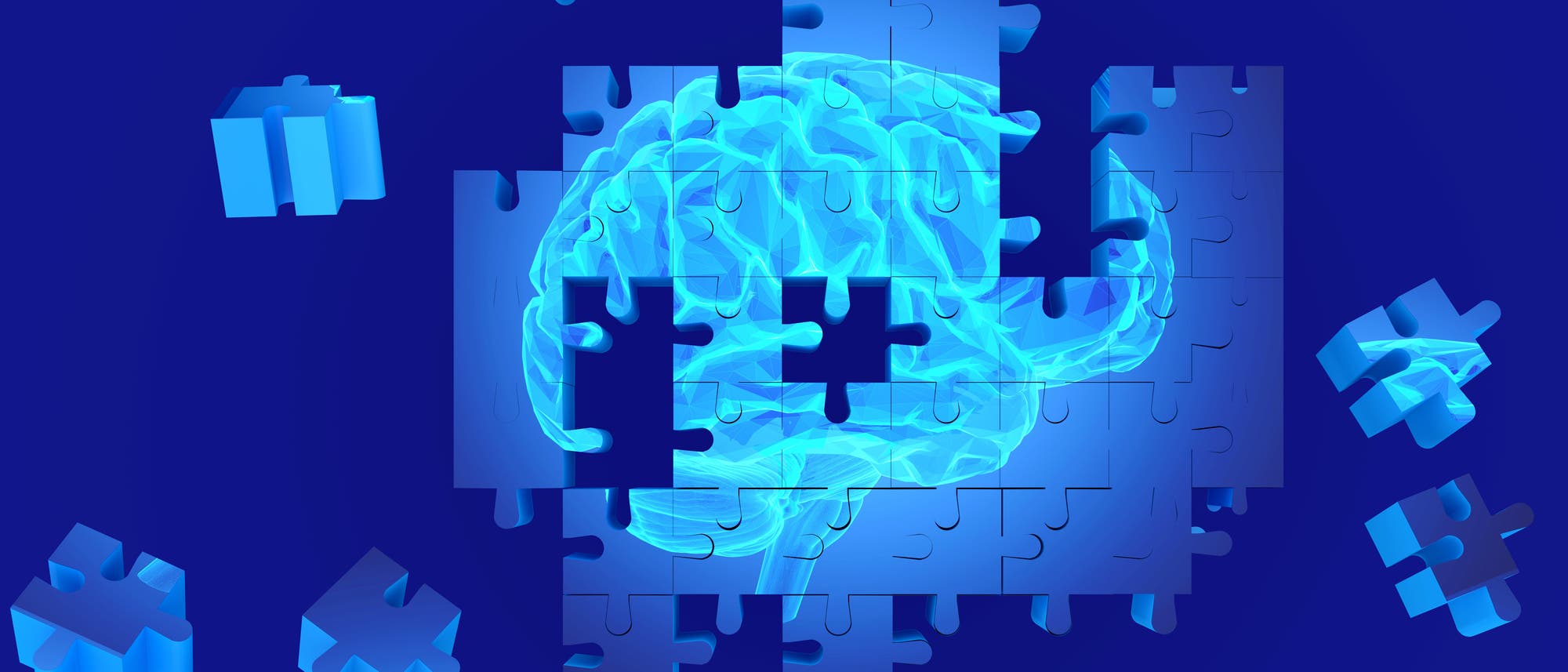 Ein Gehirn mit fehlenden Puzzleteilen auf blauem Grund