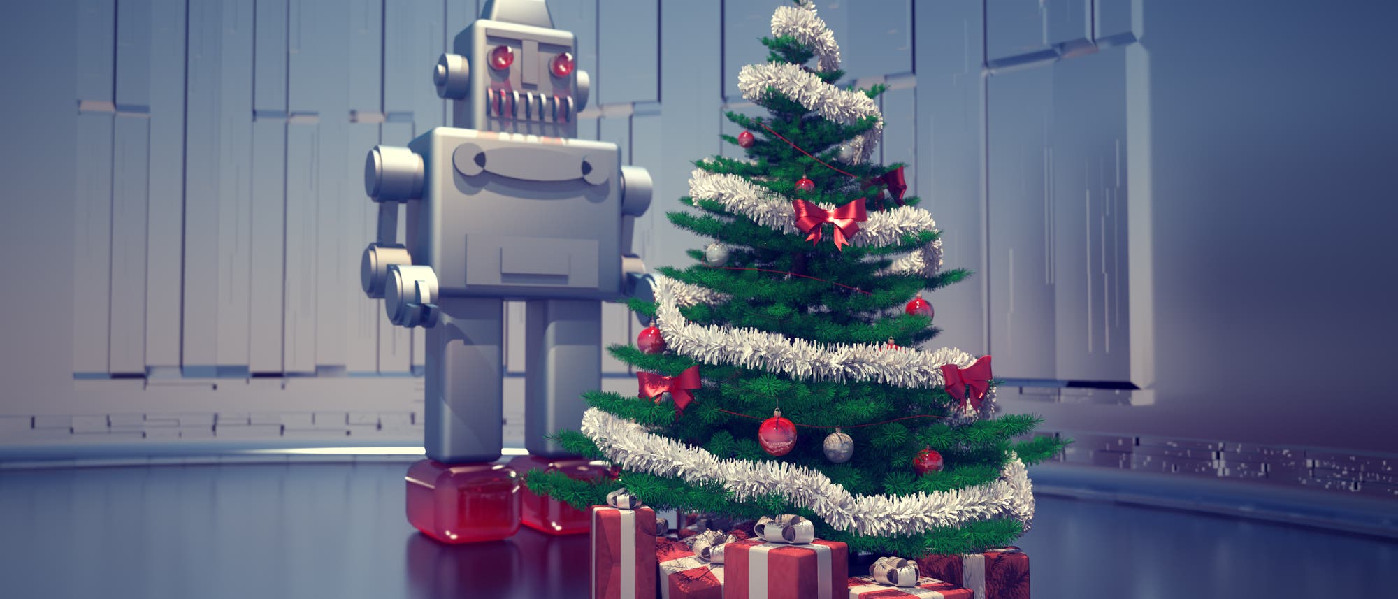 Ein Roboter steht hinter einem Weihnachtsbaum (Illustration)