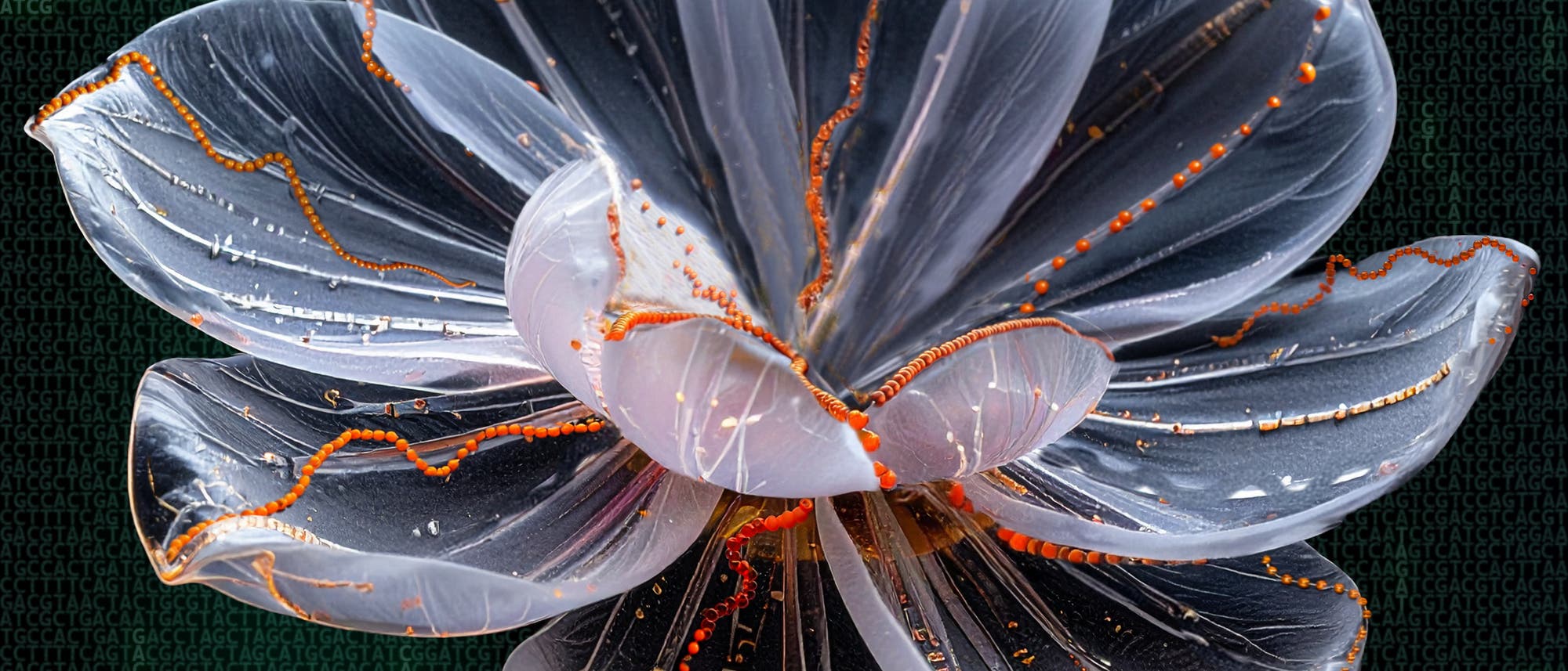Eine künstlerische Darstellung einer Blume mit durchscheinenden, glasähnlichen Blütenblättern, die von feinen, orangefarbenen Linien durchzogen sind. Der Hintergrund zeigt ein Muster aus wiederholten DNA-Basenpaaren, das eine Verbindung zwischen Kunst und Wissenschaft suggeriert. Die Blume wirkt ätherisch und modern, mit einem Fokus auf organische Formen und wissenschaftliche Elemente.