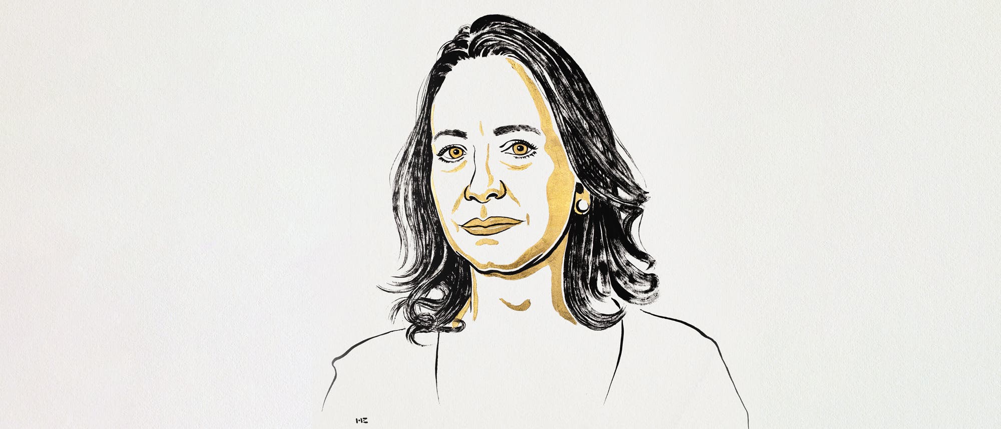 Eine künstlerische Illustration eines Menschen mit mittellangem Haar, gezeichnet in Schwarz und Gold auf einem weißen Hintergrund. Der Stil ist minimalistisch, mit klaren Linien und Schattierungen, die dem Bild Tiefe verleihen.