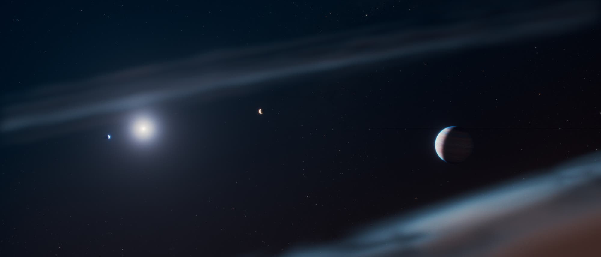 Eine k&uuml;nstlerische Darstellung eines fernen Planetensystems. Im Vordergrund ist ein gro&szlig;er Gasplanet mit sichtbaren Streifen zu sehen. Im Hintergrund leuchtet ein heller Stern, umgeben von zwei kleineren Planeten. Der Himmel ist mit zahlreichen Sternen &uuml;bers&auml;t, und Wolkenstrukturen ziehen sich diagonal durch das Bild. Das Bild vermittelt die Weite und Sch&ouml;nheit des Universums.