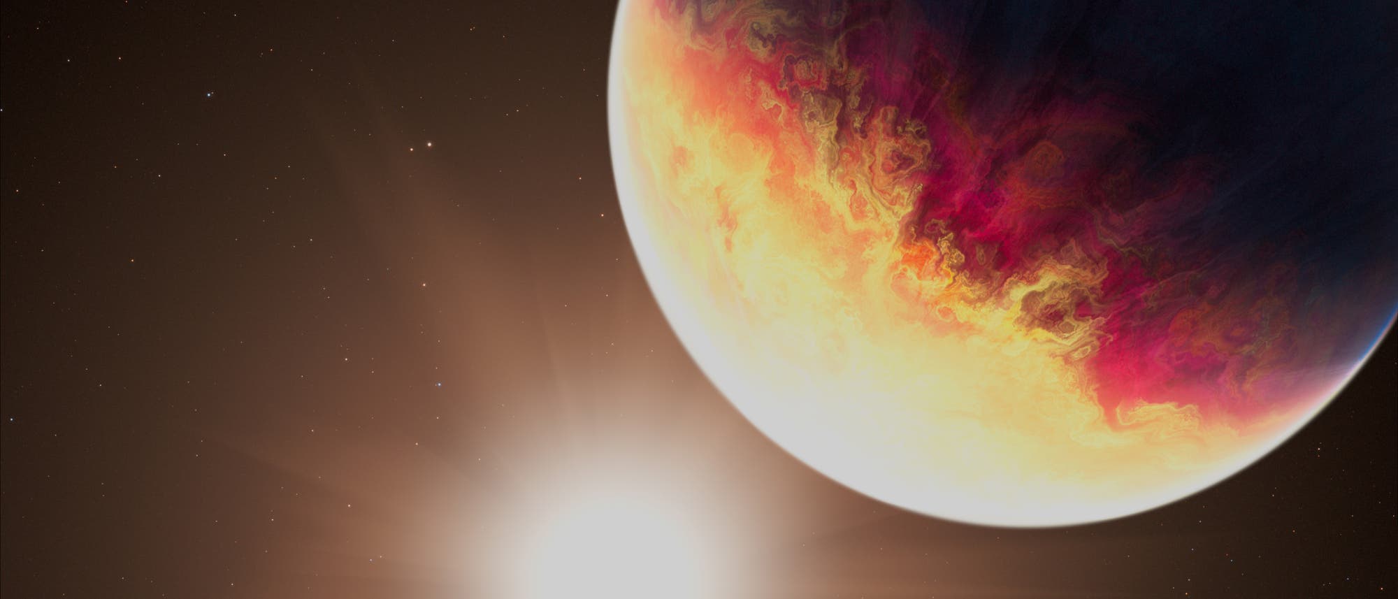 Illustration eines Exoplaneten mit lebhaften Farben, die von Gelb über Orange bis Rot reichen, der im Weltraum schwebt. Im Vordergrund ist ein heller Stern zu sehen, dessen Lichtstrahlen sich ausbreiten. Der Hintergrund zeigt einen dunklen, sternenübersäten Himmel. Das Bild vermittelt den Eindruck von Hitze und Energie, typisch für astronomische Darstellungen von Planeten und Sternen. Illustration eines Exoplaneten mit lebhaften Farben, die von Gelb über Orange bis Rot reichen, der im Weltraum schwebt. Im Vordergrund ist ein heller Stern zu sehen, dessen Lichtstrahlen sich ausbreiten. Der Hintergrund zeigt einen dunklen, sternenübersäten Himmel. Das Bild vermittelt den Eindruck von Hitze und Energie, typisch für astronomische Darstellungen von Planeten und Sternen.