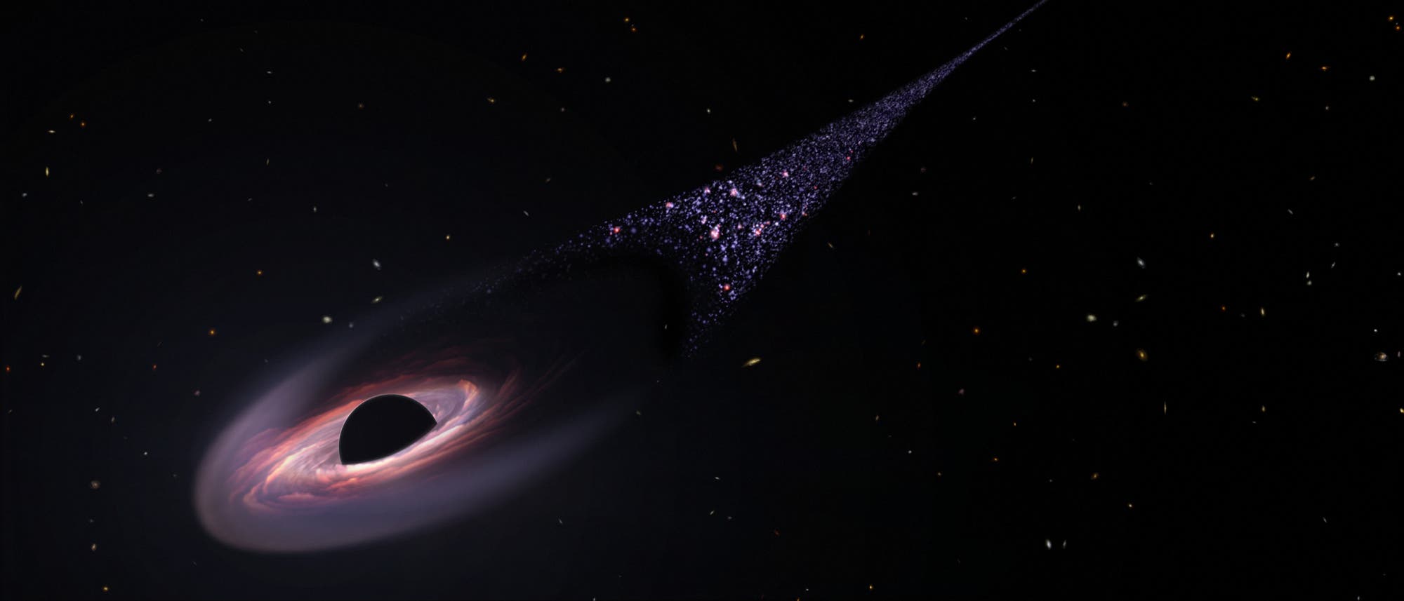 Eine künstlerische Darstellung eines supermassiven Schwarzen Lochs im Weltraum. Das Bild zeigt das Schwarze Loch links unten mit einem leuchtenden Akkretionsring aus Gas und Staub. Ein heller Materiestrahl, der als Jet bezeichnet wird, erstreckt sich von der Mitte des Schwarzen Lochs nach rechts oben und verbindet sich mit einer entfernten Galaxie. Der Hintergrund ist mit zahlreichen kleinen, leuchtenden Galaxien und Sternen übersät. Das Bild veranschaulicht die immense Energie und Dynamik, die mit Schwarzen Löchern verbunden ist. Eine künstlerische Darstellung eines supermassiven Schwarzen Lochs im Weltraum. Das Bild zeigt das Schwarze Loch links unten mit einem leuchtenden Akkretionsring aus Gas und Staub. Ein heller Materiestrahl, der als Jet bezeichnet wird, erstreckt sich von der Mitte des Schwarzen Lochs nach rechts oben und verbindet sich mit einer entfernten Galaxie. Der Hintergrund ist mit zahlreichen kleinen, leuchtenden Galaxien und Sternen übersät. Das Bild veranschaulicht die immense Energie und Dynamik, die mit Schwarzen Löchern verbunden ist.