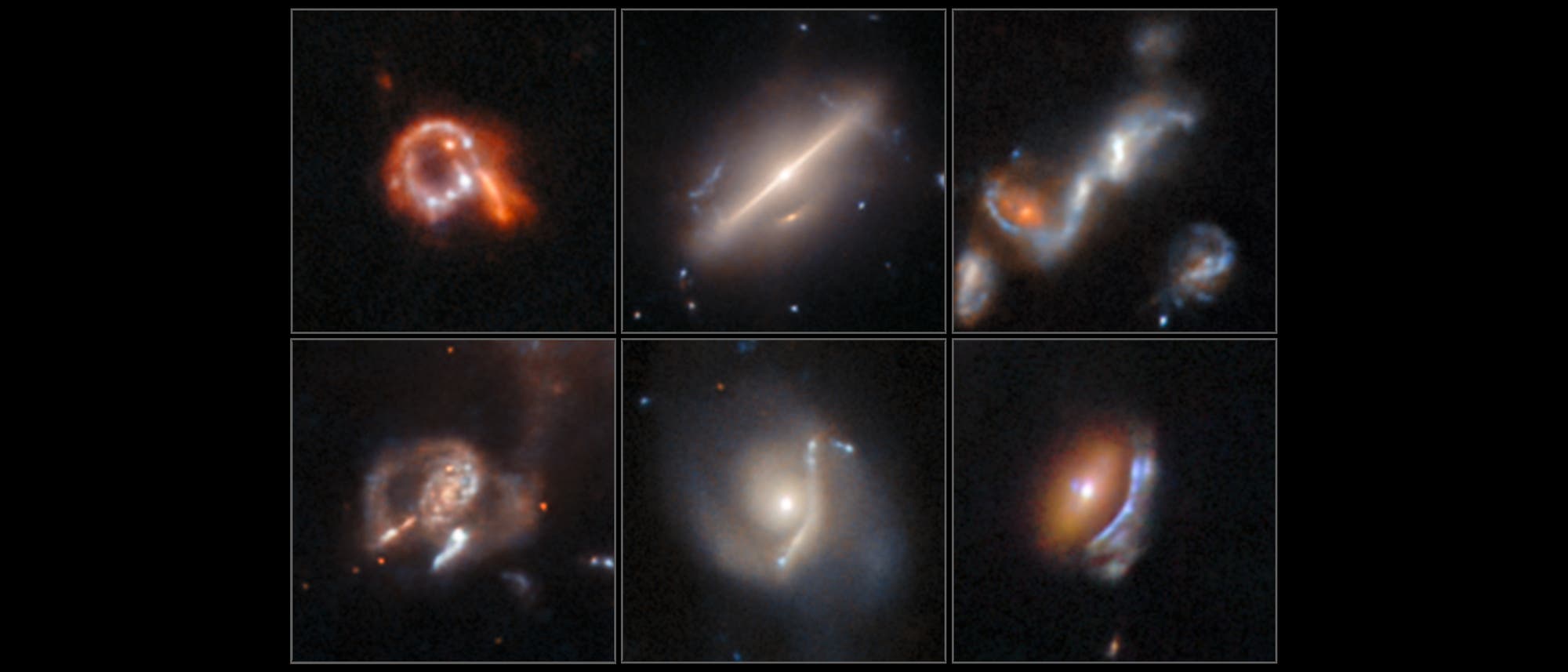Sechs astronomische Aufnahmen von Galaxien, die verschiedene Formen und Strukturen zeigen. Oben links ist eine ringf&ouml;rmige Galaxie mit leuchtenden, roten und wei&szlig;en Bereichen. Oben in der Mitte eine l&auml;ngliche Galaxie mit einem hellen Kern. Oben rechts eine Galaxie mit geschwungenen, leuchtenden Strukturen. Unten links eine Galaxie mit spiralf&ouml;rmigen Armen. Unten in der Mitte eine Galaxie mit einem klaren Spiralarm und einem hellen Zentrum. Unten rechts eine Galaxie mit einem r&ouml;tlichen Zentrum und diffusen, blauen R&auml;ndern.