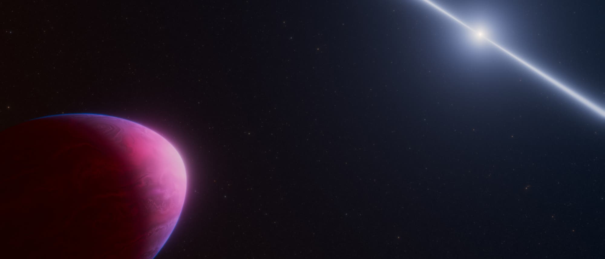 Ein roter, stark verzerrter Planet im Vordergrund links, umgeben von einem leuchtenden Schimmer, vor einem dunklen Sternenhimmel. Rechts oben strahlt ein heller Pulsar mit langen, diagonalen Teilchen- und Lichtjets.