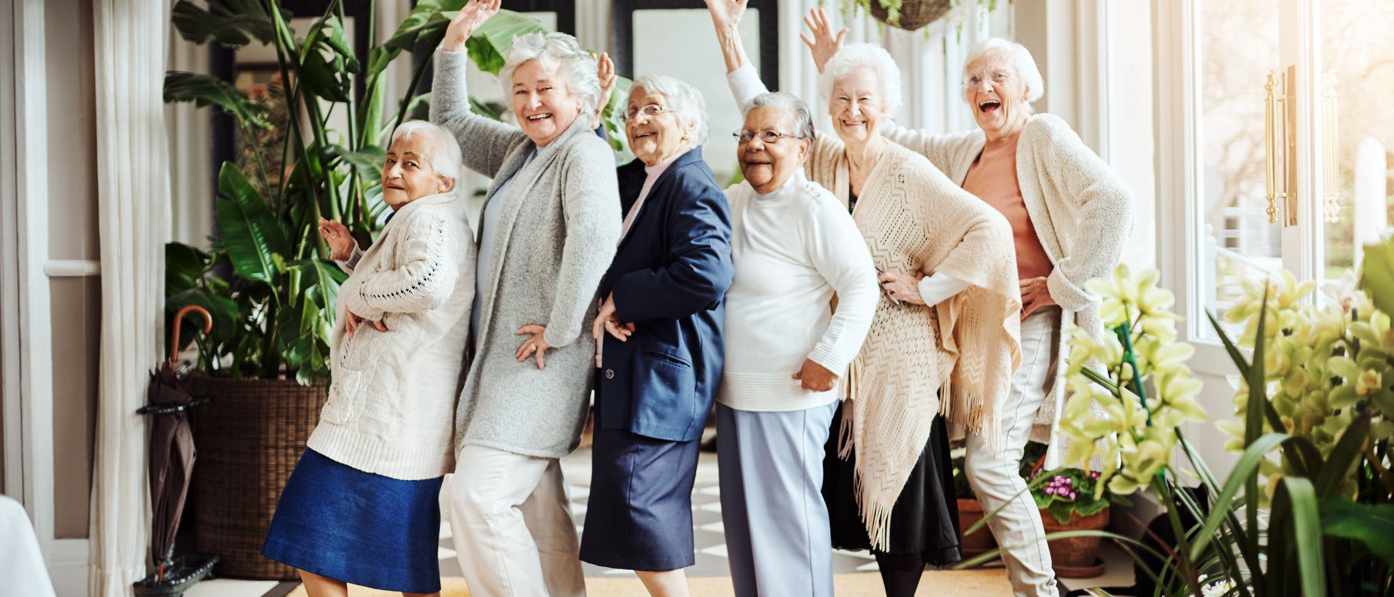 Sechs fröhliche Rentnerinnen stehen hintereinander in einer Reihe und winken.