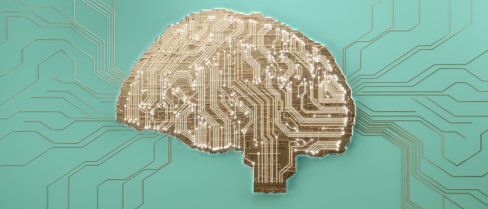 Eine goldene Schaltkreis-Darstellung in Form eines Gehirns auf einem türkisfarbenen Hintergrund. Die Leiterbahnen erstrecken sich vom Gehirn nach außen und symbolisieren die Verbindung und den Informationsfluss. Das Bild vermittelt den Eindruck von Technologie und künstlicher Intelligenz.