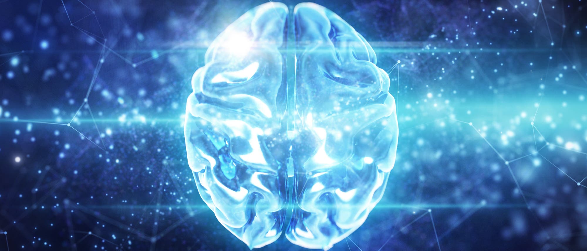 Ein leuchtendes, blaues Gehirn schwebt in einem digitalen, futuristischen Raum mit vernetzten Linien und Lichtpunkten, die neuronale Netzwerke darstellen. Die Szene vermittelt ein Gefühl von Technologie und Innovation. Ein leuchtendes, blaues Gehirn schwebt in einem digitalen, futuristischen Raum mit vernetzten Linien und Lichtpunkten, die neuronale Netzwerke darstellen. Die Szene vermittelt ein Gefühl von Technologie und Innovation.