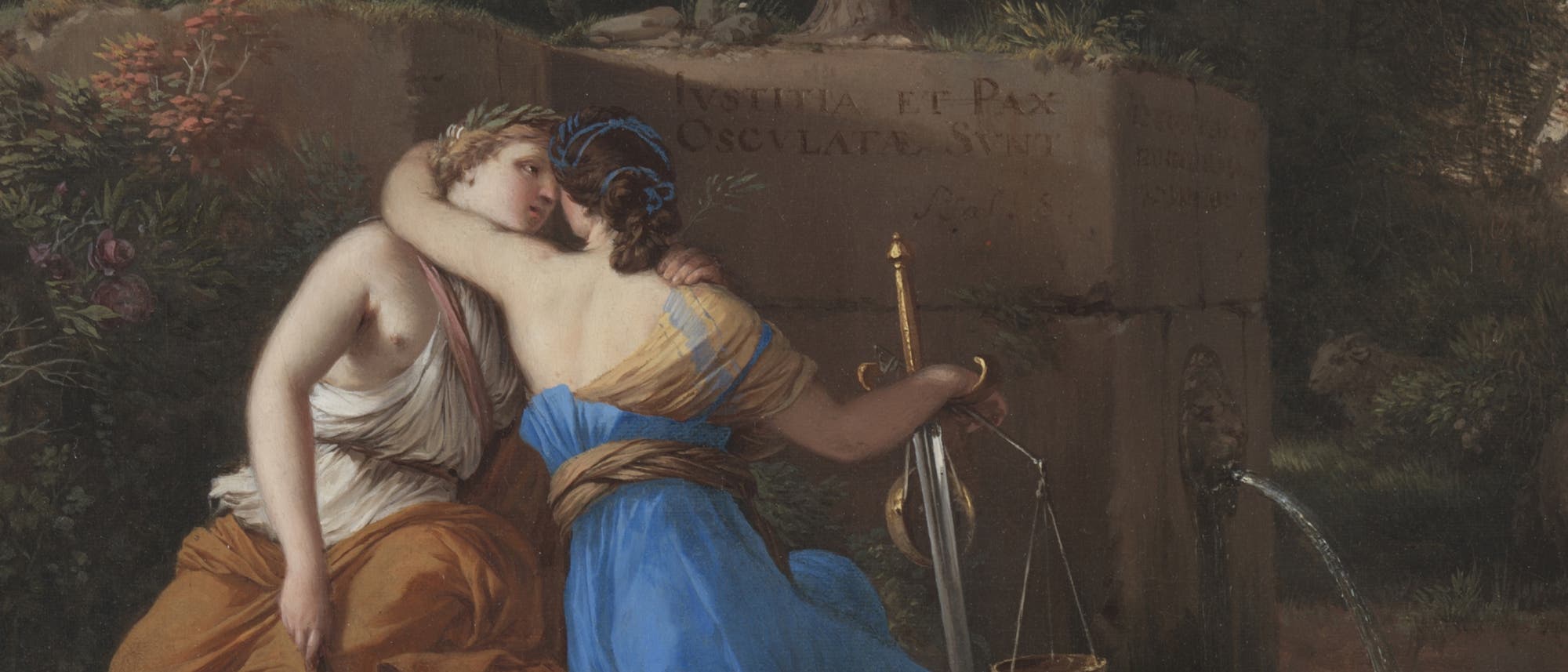 Eine klassische Gem&auml;ldeszene zeigt zwei allegorische Figuren, die auf einer Steinbank neben einem Brunnen sitzen. Die linke Figur tr&auml;gt ein wei&szlig;es Gewand mit einem orangefarbenen Umhang, w&auml;hrend die rechte Figur ein blaues Gewand tr&auml;gt und eine Waage h&auml;lt. Im Hintergrund erstreckt sich eine idyllische Landschaft mit B&auml;umen, Schafen und einem fernen H&uuml;gel. Der Brunnen ist mit lateinischem Text verziert, und Wasser flie&szlig;t in ein kleines Becken. Die Szene vermittelt ein Gef&uuml;hl von Ruhe und Harmonie.