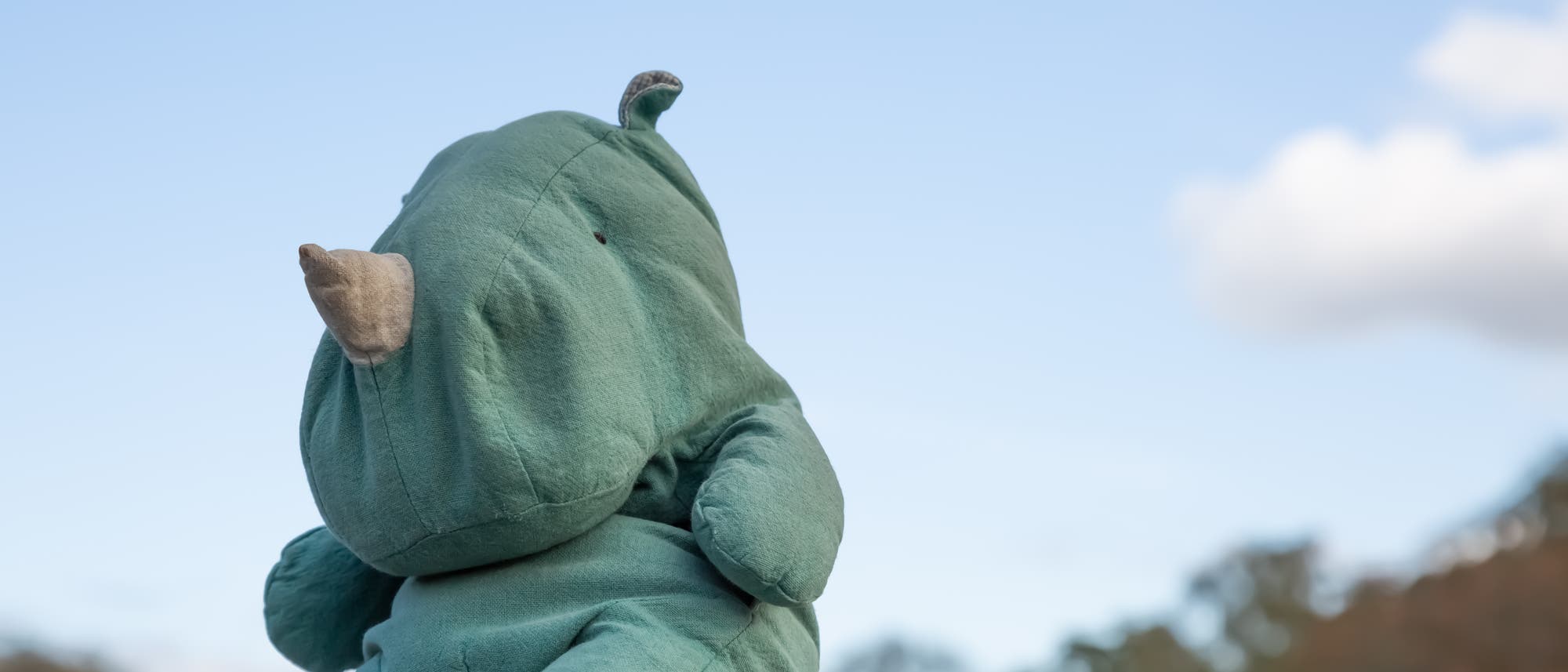Ein grünes Plüsch-Nashorn sitzt auf einem Geländer vor einem blauen Himmel mit einigen Wolken. Es wirkt bedrückt. Im Hintergrund sind unscharf Bäume zu sehen. Ein grünes Plüsch-Nashorn sitzt auf einem Geländer vor einem blauen Himmel mit einigen Wolken. Es wirkt bedrückt. Im Hintergrund sind unscharf Bäume zu sehen.