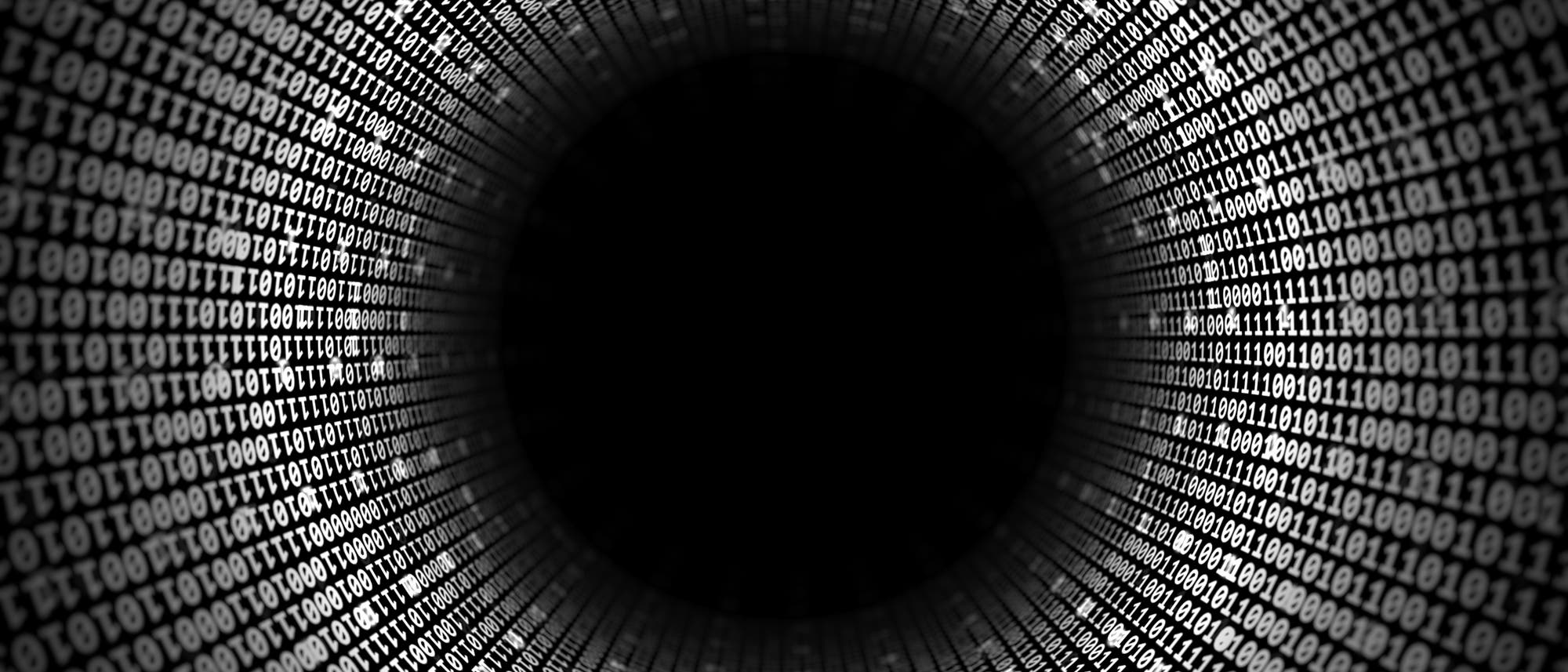 Eine digitale Darstellung eines Tunnels aus bin&auml;ren Zahlen, die sich spiralf&ouml;rmig in die Tiefe erstrecken. Die Zahlen bestehen aus Einsen und Nullen und symbolisieren Datenstr&ouml;me oder digitale Informationen. Der Tunnel vermittelt ein Gef&uuml;hl von Unendlichkeit und Fortschritt in der digitalen Welt.