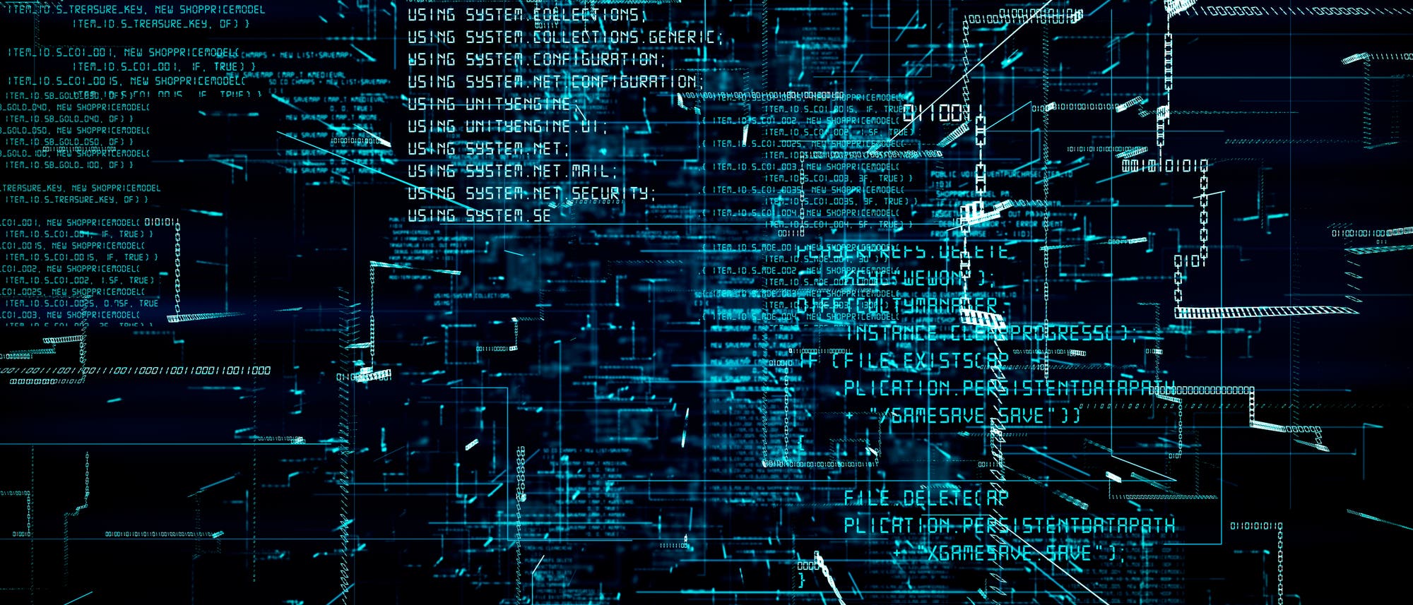 Ein digitales Bild zeigt eine komplexe Darstellung von Computercode und Datenströmen. Der Hintergrund ist dunkel, während leuchtend blaue und weiße Linien und Textzeilen den Bildschirm füllen. Der Code enthält Begriffe wie "USING SYSTEM.COLLECTIONS" und "FILE.DELETE", die auf Programmierbefehle hinweisen. Die Anordnung der Linien und Texte vermittelt den Eindruck eines dreidimensionalen Raums, der die Komplexität und Vernetzung von Daten in der digitalen Welt symbolisiert. Ein digitales Bild zeigt eine komplexe Darstellung von Computercode und Datenströmen. Der Hintergrund ist dunkel, während leuchtend blaue und weiße Linien und Textzeilen den Bildschirm füllen. Der Code enthält Begriffe wie "USING SYSTEM.COLLECTIONS" und "FILE.DELETE", die auf Programmierbefehle hinweisen. Die Anordnung der Linien und Texte vermittelt den Eindruck eines dreidimensionalen Raums, der die Komplexität und Vernetzung von Daten in der digitalen Welt symbolisiert.