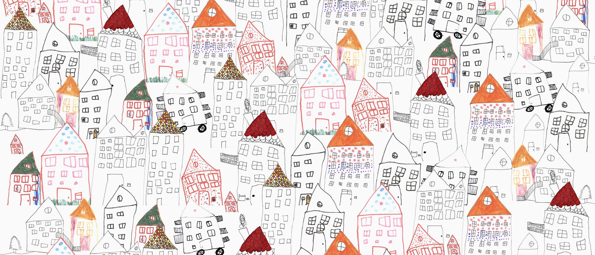 Eine künstlerische Illustration zeigt eine Vielzahl von skizzierten Häusern mit unterschiedlichen Formen und Farben. Die Dächer sind in Rot- und Brauntönen gehalten, einige mit Mustern verziert. Die Fassaden sind mit Fenstern und Türen in verschiedenen Stilen gezeichnet. Die Anordnung der Häuser wirkt dicht und lebendig, was eine verspielte und kreative Stadtlandschaft darstellt.
